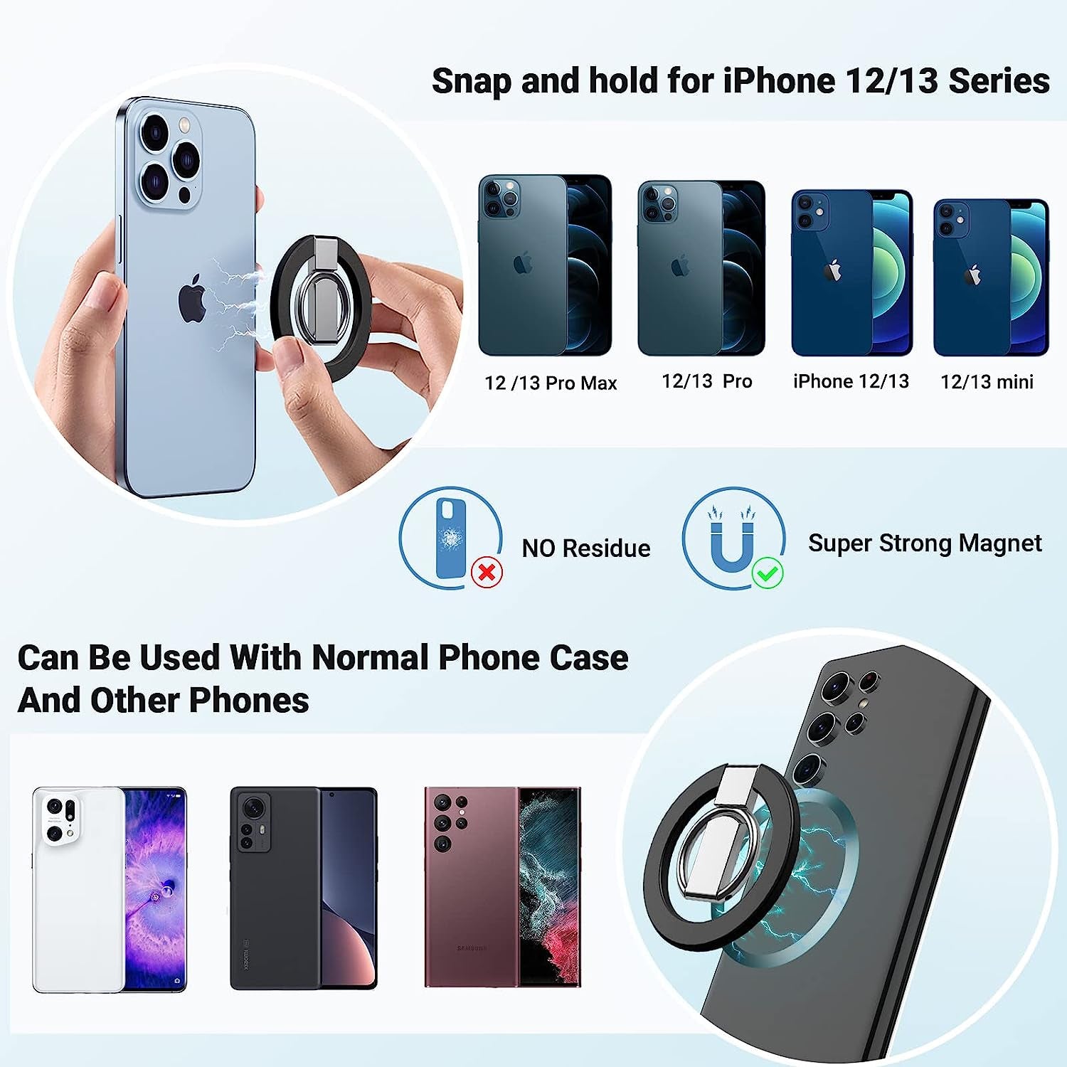 Magnetic Phone Ring Stand for Iphone 14 13 12 Pro Max/Pro/Mini, Compatible with Magsafe Foldable &Adjustable Finger Ring Grip for Wireless Charging -Black  OUTXE   