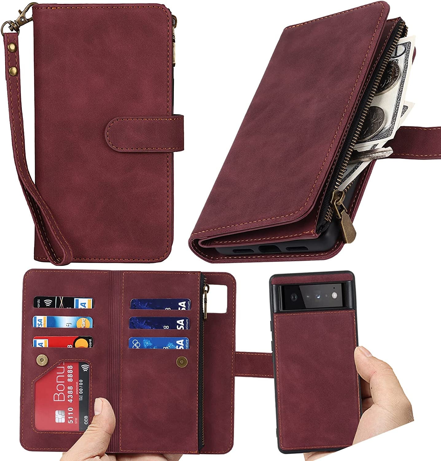 Ｈａｖａｙａ Google Pixel 6 Pro 5G 6.7" Case Zipper Wallet- with 6 Card Holder [RFID Blocking]- Detachable 2-In-1-Wristband Lanyard - for Women and Men-Wireless Charger Compatible Flip Folio Cover-Purple  Ｈａｖａｙａ 2In1 Red Wine Google Pixel 6 Pro 5G 