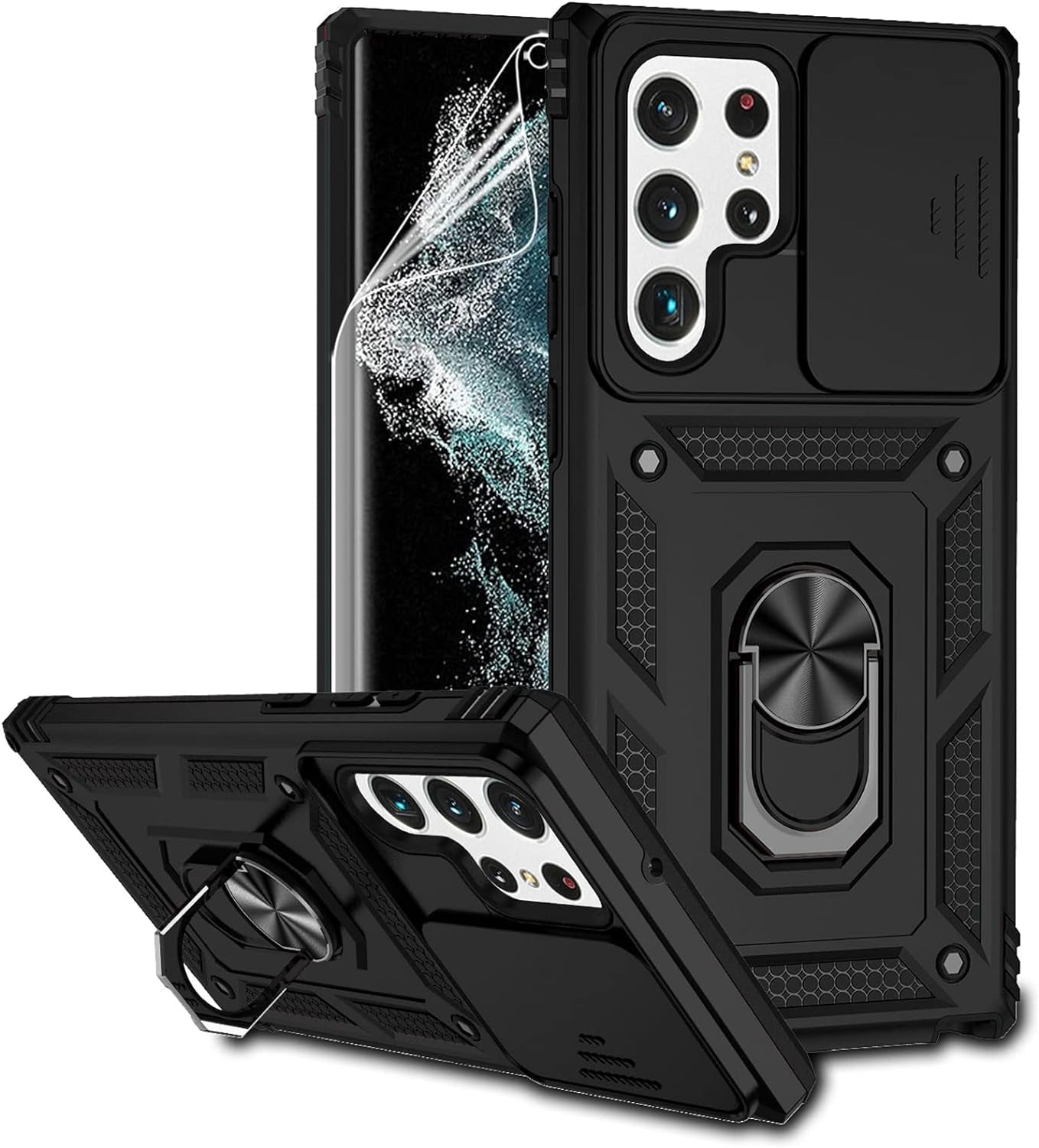 For Samsung Galaxy S22 Ultra Case with Camera Lens Cover HD Screen Protector, Military-Grade Drop Tested Magnetic Ring Holder Kickstand Protective Phone Case for Samsung Galaxy S22 Ultra 5G (Purple)  JINZHI Inc Black With Camera Cover Military-Grade 2Nd Gen  