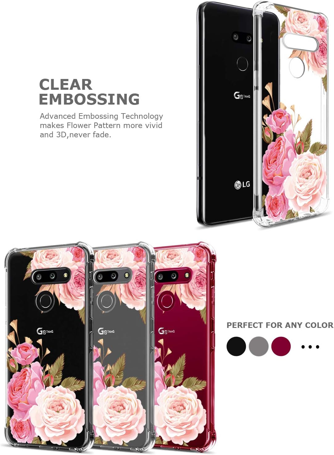 GREATRULY Floral Clear Pretty Phone Case for LG G8 Thinq (2019 Release) for Women Girls,Flower Design Transparent Slim Soft Drop Proof TPU Bumper Cushion Silicone Cover Shell,Fl-K  GREATRULY   
