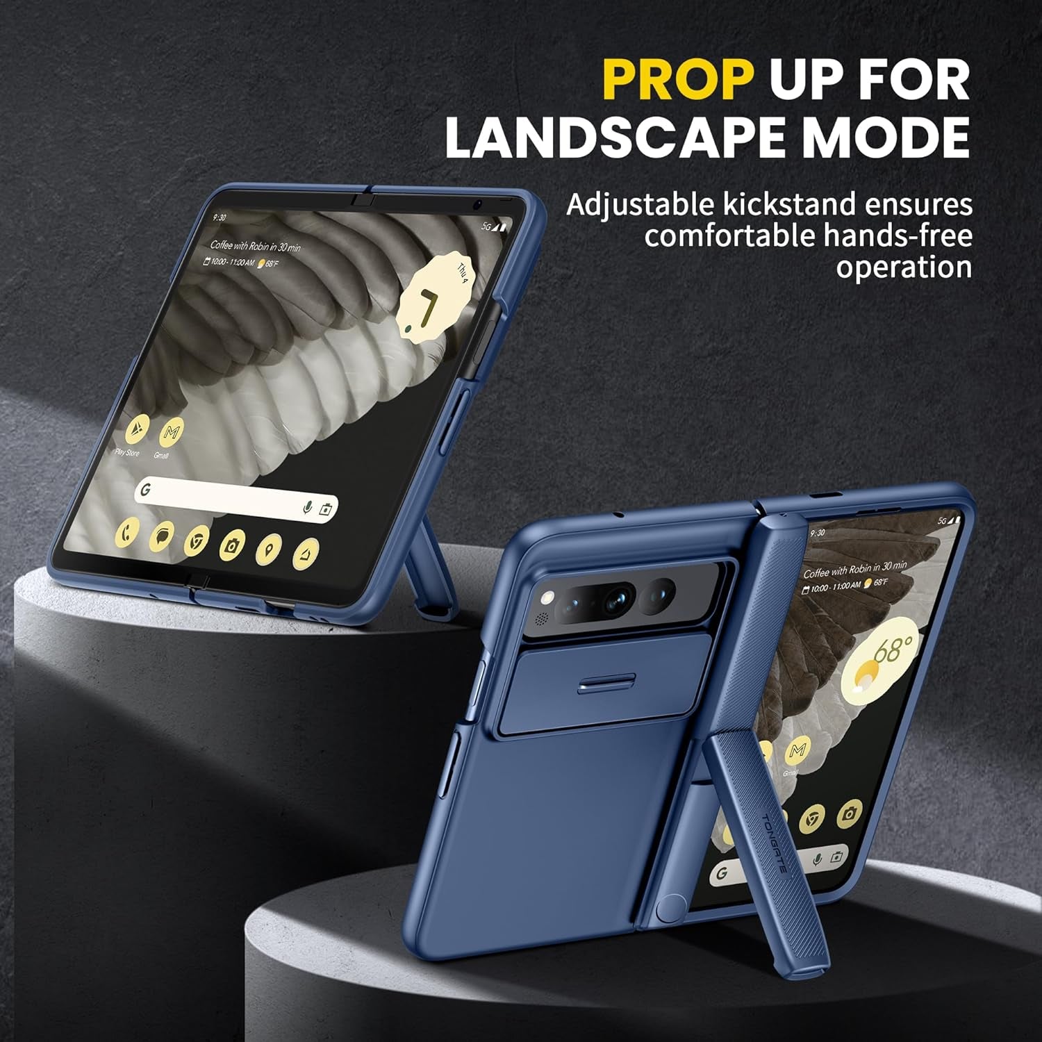 Tongate for Pixel Fold Case, [Built-In Slide Camera Cover & Screen Protector] [Hinge Protection] Military Grade Matte Phone Case with Hidden Kickstand for Google Pixel Fold 5G (2023), Blue  Tongate   