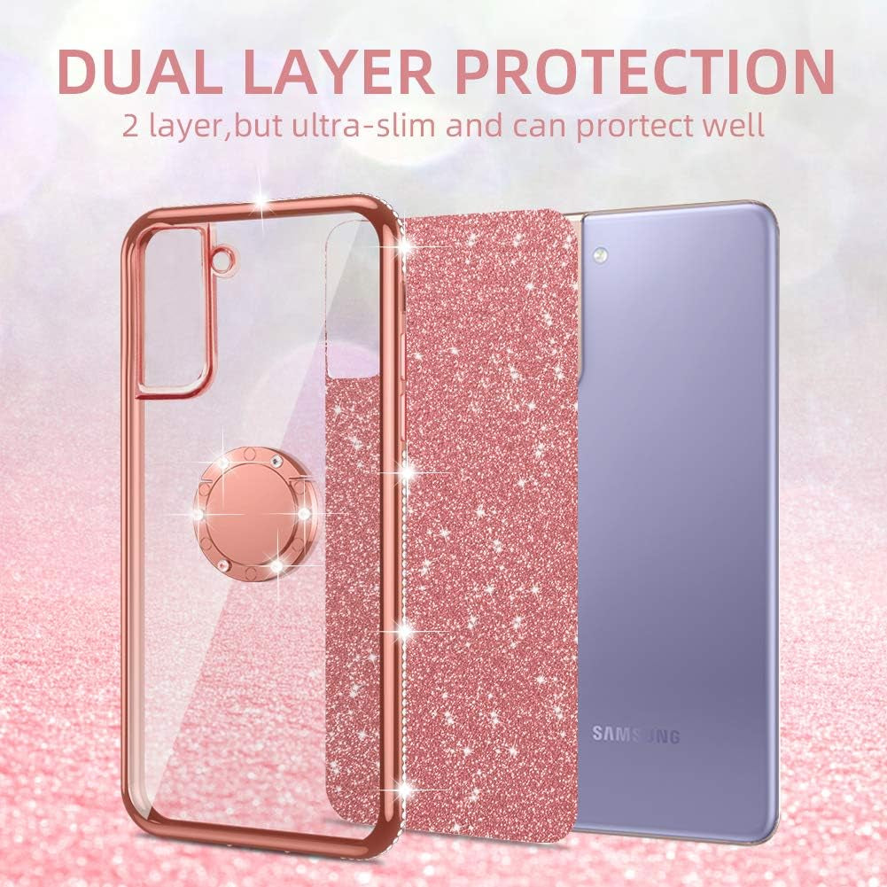 Nancheng for Samsung Galaxy S21 Case (6.2-Inch), Phone Case for Galaxy S21 Women Glitter Cute Luxury Soft TPU Silicone Clear Cover with Lanyard Stand Shockproof Full Body Protection Case - Rose Gold  nancheng   