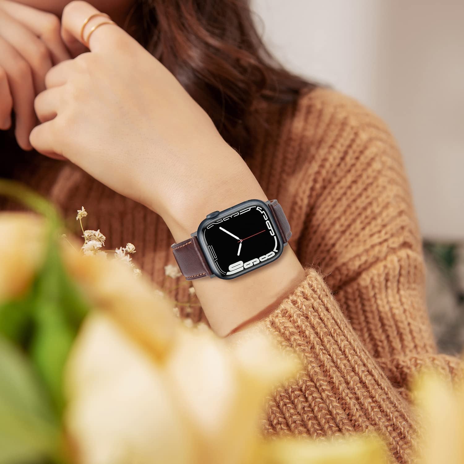 Anlinser Bands Compatible with Apple Watch Band 45Mm 44Mm 42Mm 41Mm 40Mm 38Mm for Women Men, Leather Replacement Strap Compatible with Iwatch Series 8 7 6 5 4 3 2 1, SE (45Mm/44Mm/42Mm, Dark Brown)  Anlinser   