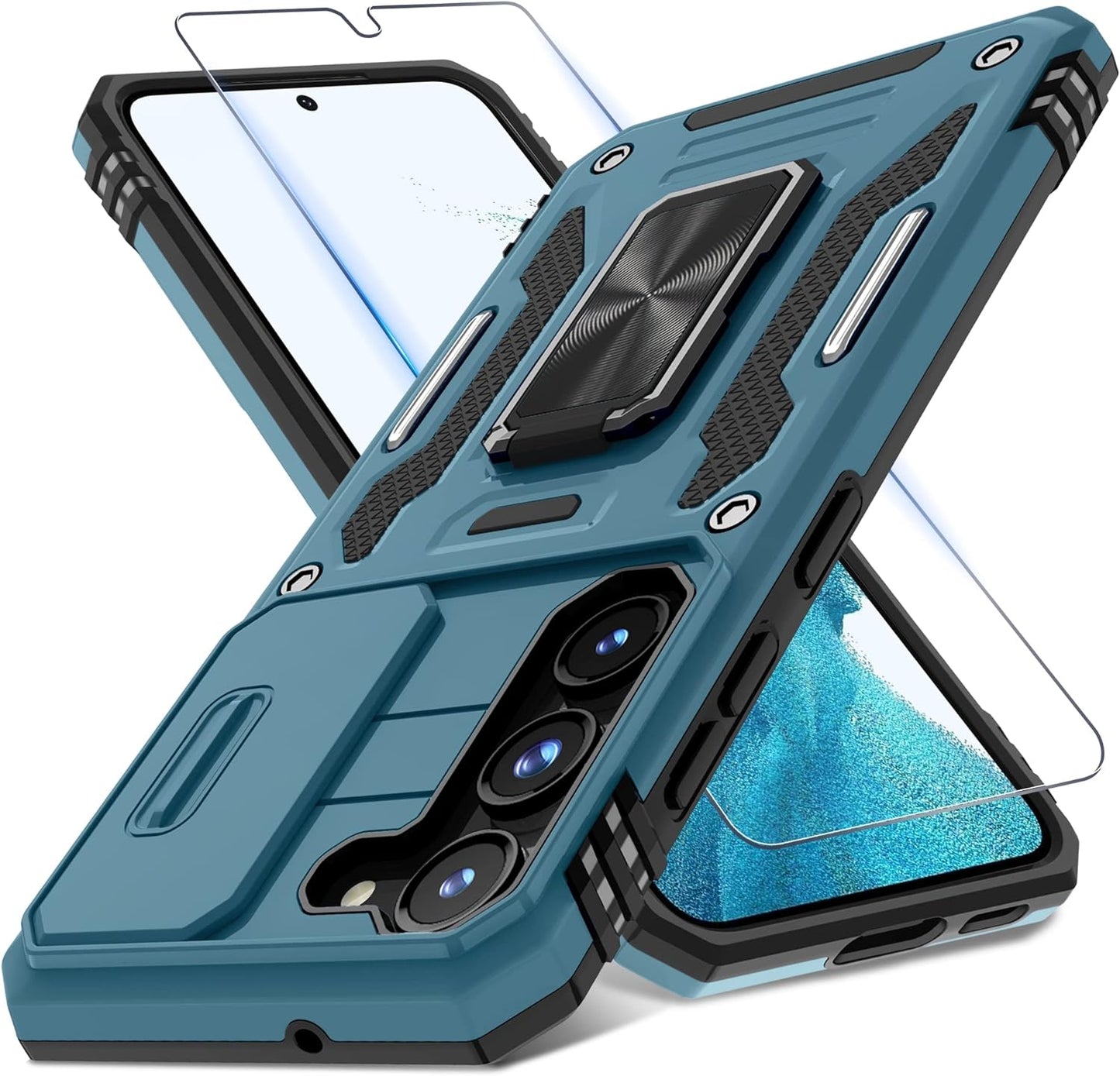 DEERLAMN for Samsung Galaxy S22 Ultra Case with Slide Camera Cover,Built-In Rotated Ring Kickstand [Full Camera Protection] [Military Grade] Heavy Duty Shockproof Protective Case Cover-Black  DEERLAMN Light Blue Samsung Galaxy S22-6.1 Inch 
