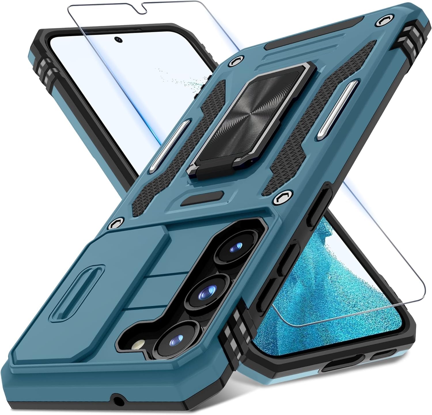DEERLAMN for Samsung Galaxy S22 Ultra Case with Slide Camera Cover,Built-In Rotated Ring Kickstand [Full Camera Protection] [Military Grade] Heavy Duty Shockproof Protective Case Cover-Black  DEERLAMN Light Blue Samsung Galaxy S22-6.1 Inch 