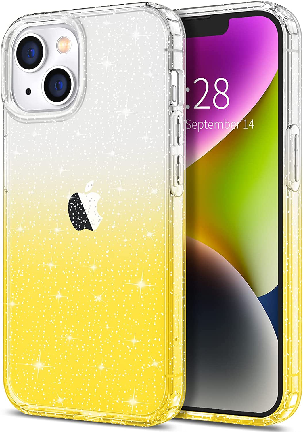 Hython Case for Iphone 14 Case Glitter, Cute Sparkly Clear Glitter Shiny Bling Sparkle Cover, Anti-Scratch Soft TPU Thin Slim Fit Shockproof Protective Phone Cases for Women Girls, Clear Glitter  Hython Clear/Yellow Glitter  