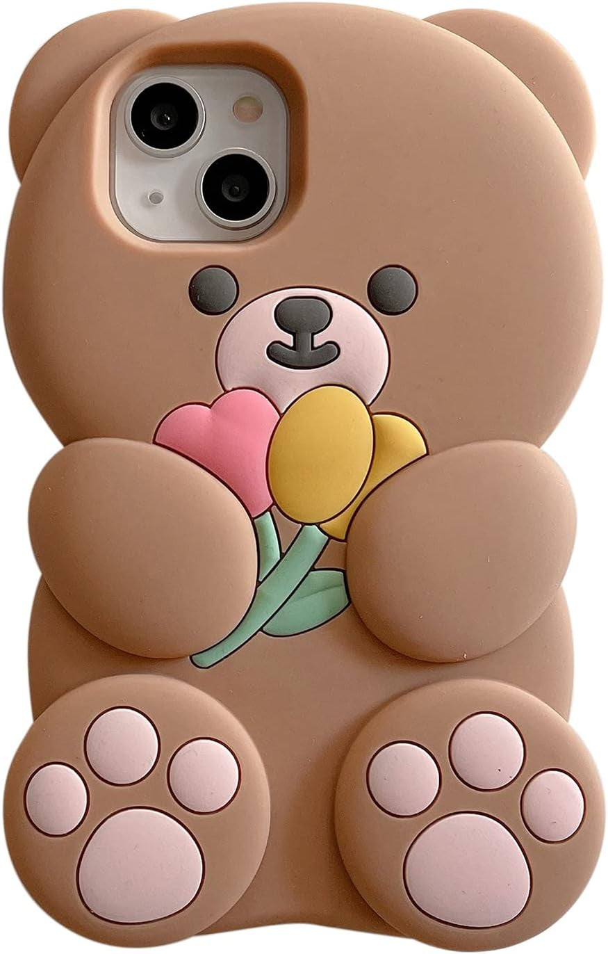 YAKVOOK Kawaii Phone Cases for Iphone 12/12 Pro,Cute Cartoon Cookies Bear Phone Case with Bubble Tea Phone Case 3D Iphone 12/12 Pro Case Soft Silicone Shockproof Cover for Women Girls  Yatchen Bear Flower Brown Iphone 14 Pro 