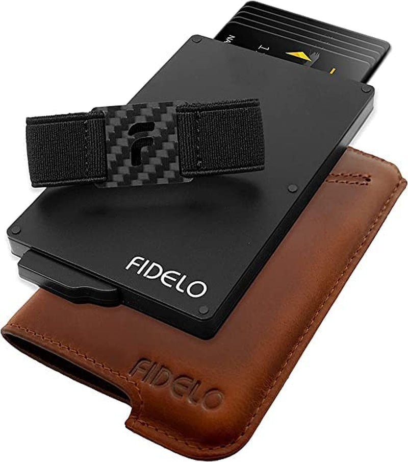 Fidelo Minimalist Wallet for Men - RFID Blocking Pop up Wallet Credit Card Holder, Slim Wallet Made of 6063 Aluminum and Clip Holder with a Removable Leather Case - Desert Tan (Camel)  FIDELO Redwood Crazy Horse Leather Classic 
