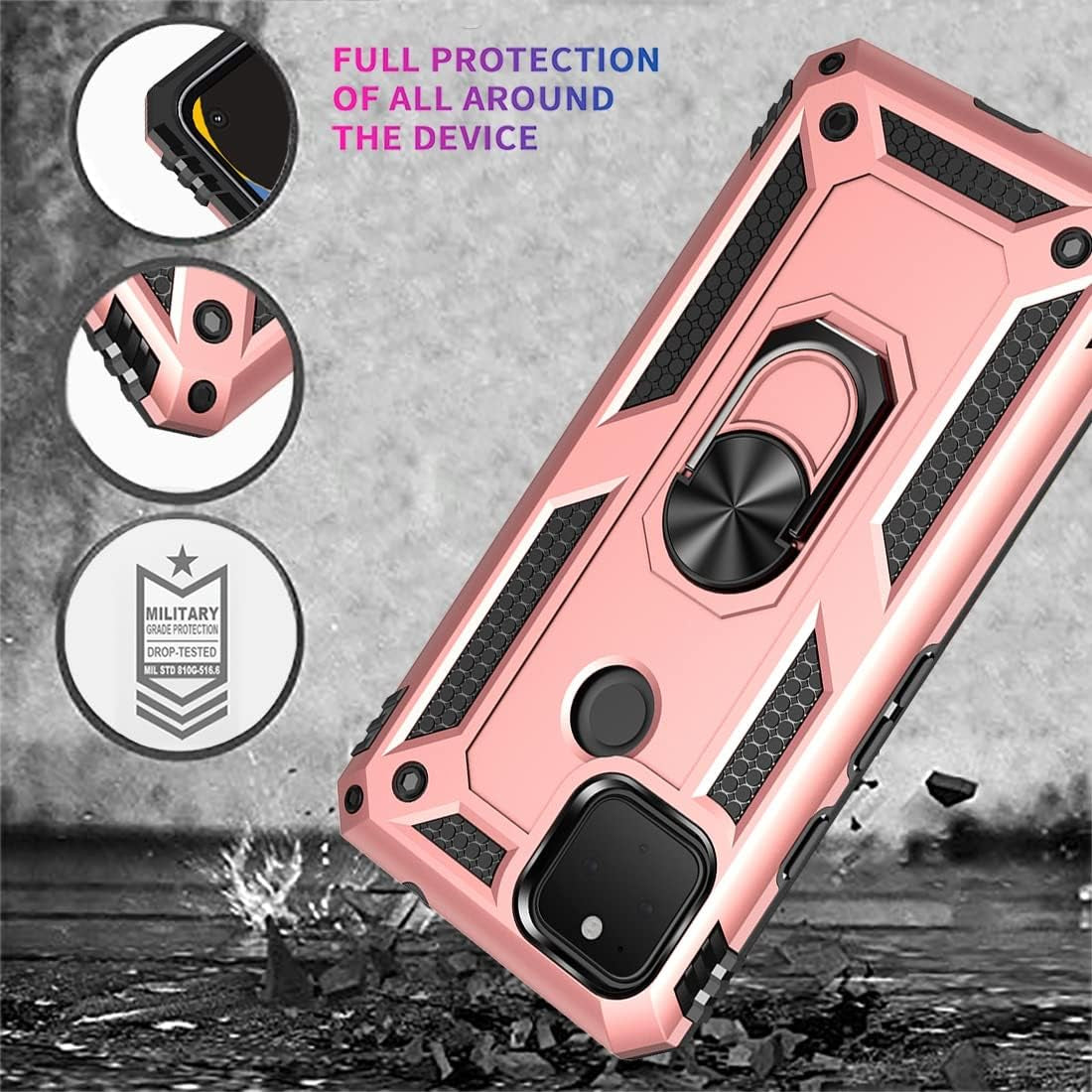 Zoeirc for Pixel 4A 5G Case, Pixel 5XL G025I Case with Tempered Glass Screen Protector, [Military Grade] Magnetic Car Ring Holder Mount Protective Phone Cover Case for Google Pixel 4A 5G (Rose Gold)  Zoeirc   