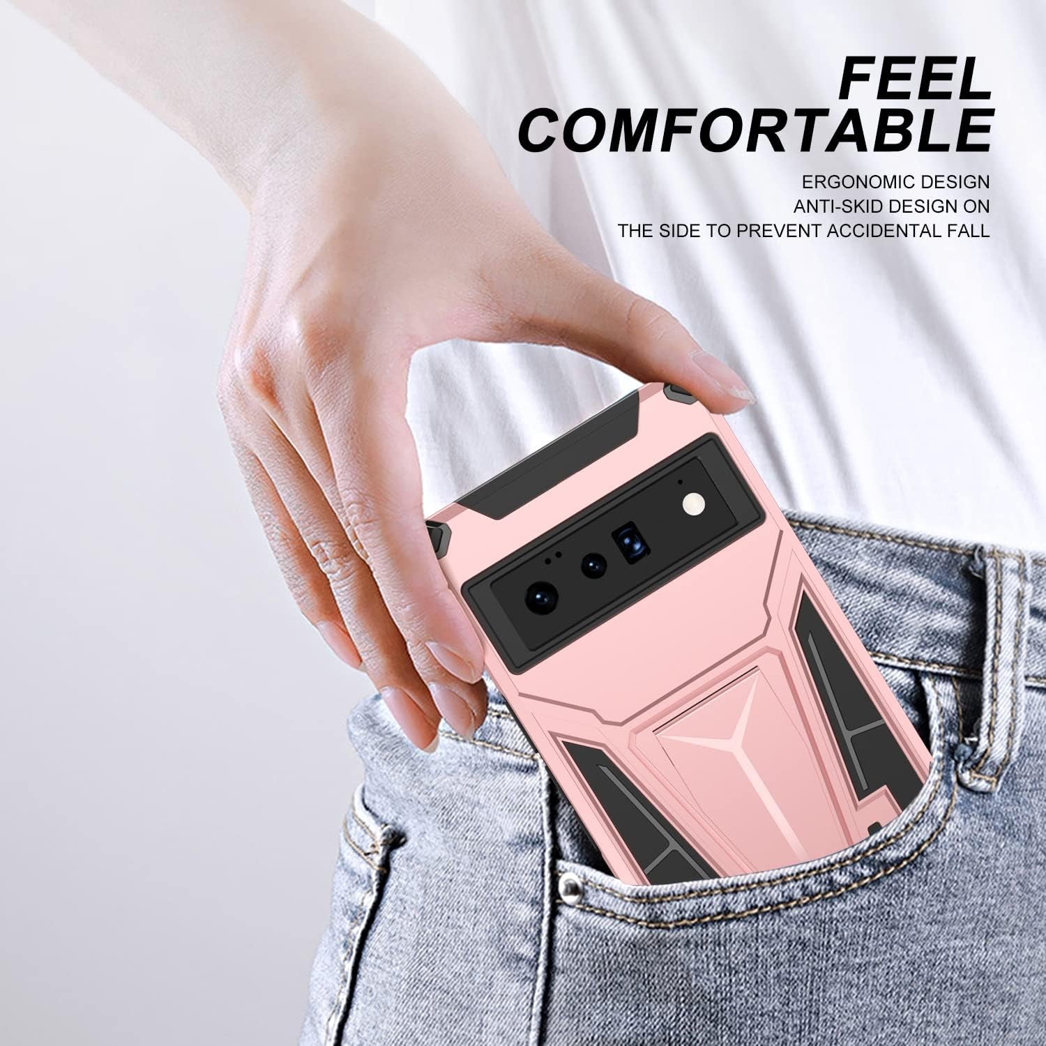 For Pixel 6 Pro Case with Tempered Glass Screen Protector [Support Fingerprint Unlocked] Military Grade Drop Tested Protective Cover with Built-In Magnetic Kickstand for Google Pixel 6 Pro Case -Pink  Leweizz   