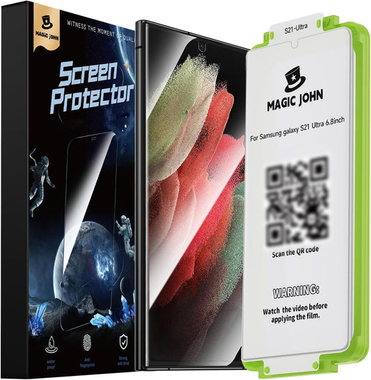 MAGIC JOHN 2 Pack for Samsung Galaxy S21 Ultra Screen Protector [Ceramic Film Material Not Glass] 6.8 Inch,[100% Fingerprint ID Compatible] Easy Installation Tray, Shock-Resistant, 3D Curved, Bubble Free, Scratch Proof, HD Clear, Case Friendly  MAGIC JOHN   