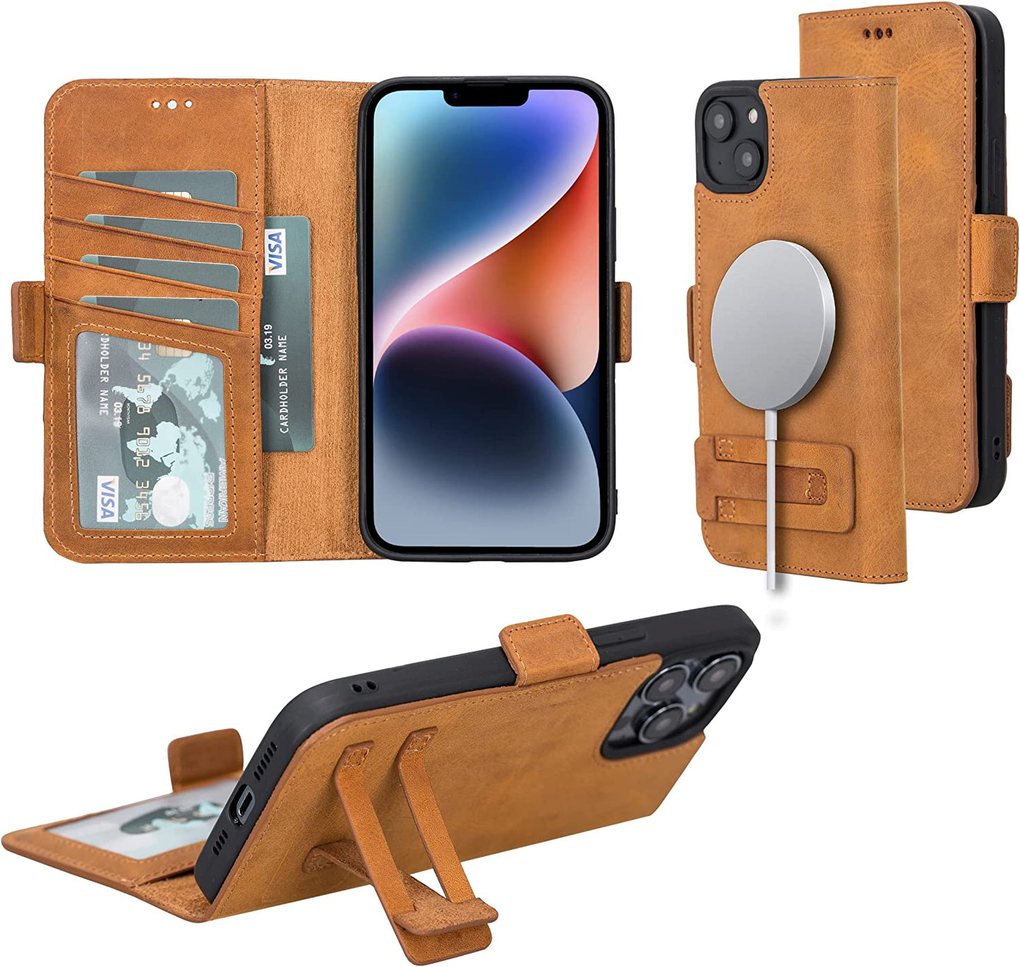 Bayelon Leather Wallet Case for Iphone 14 Pro Max - Flip Cover Card Holder Slots, Iphone 14 Pro Max Case Compatible with Apple Magsafe, Full Grain Leather Folio Case, Kickstand Function (A. Camel)  Bayelon   