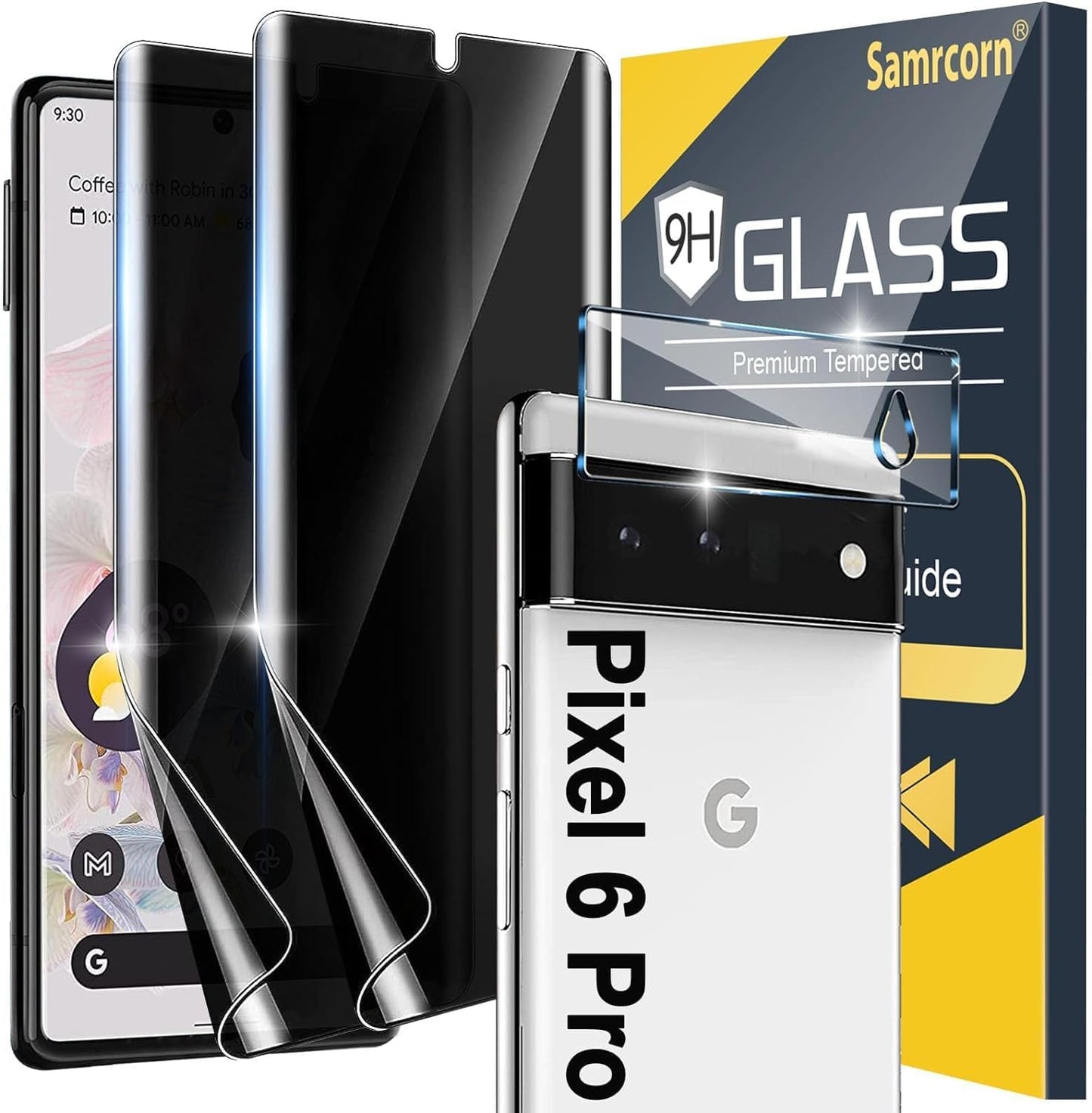 [2+1 Pack] for Google Pixel 6 Pro Privacy Screen Protector, Fingerprint Unlock, 3D Curved, HD Clear Anti-Spy Film for Google Pixel 6 Pro 5G Tempered Glass Camera Screen Protector  Samcorn   