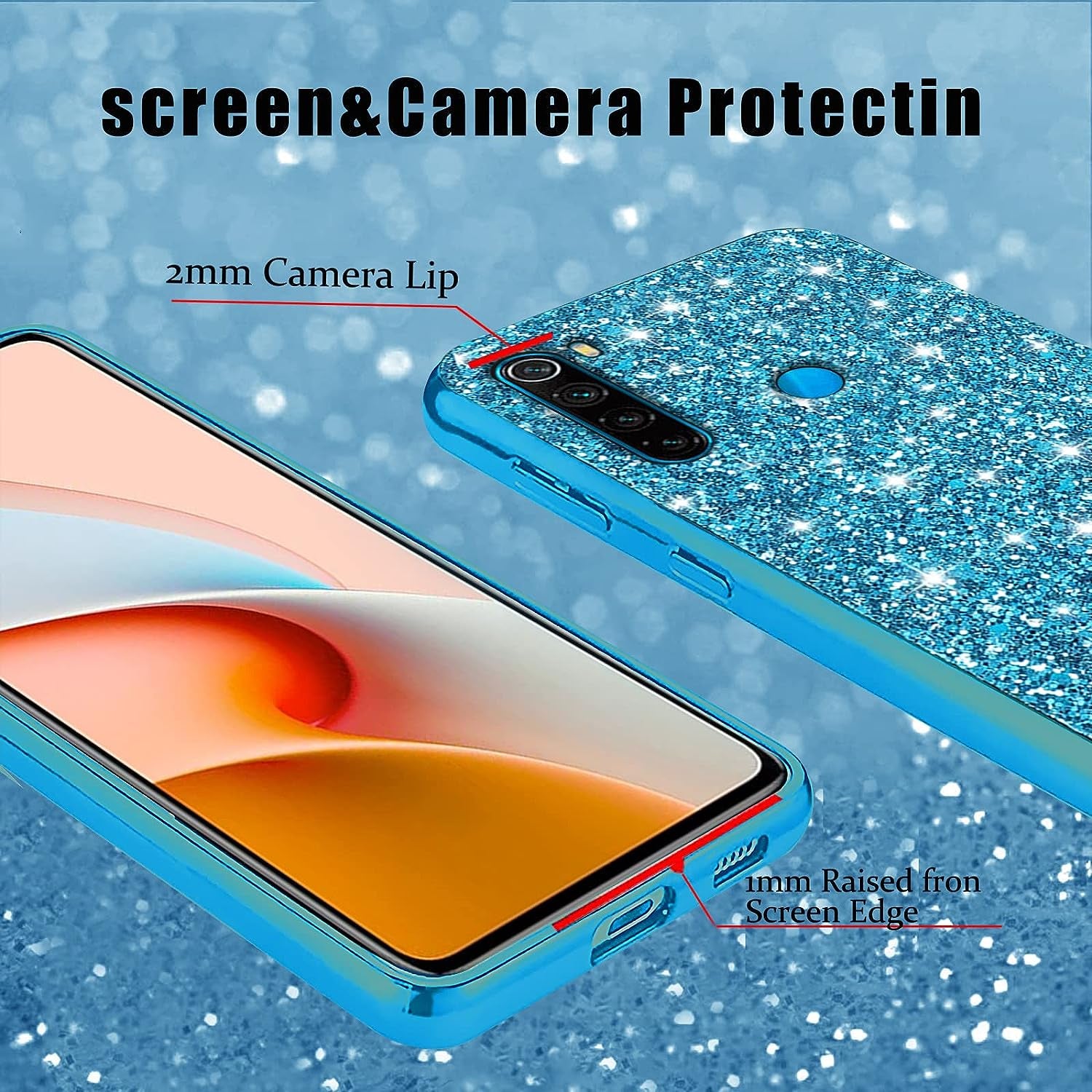 Compatible with Xiaomi Redmi Note 8 Case Glitter Shockproof,Redmi Note 8 Phone Case Bling Sparkly Soft TPU and PC Silicone Shiny Girl Women Thin Protective Cover (Blue)  Wousunly   