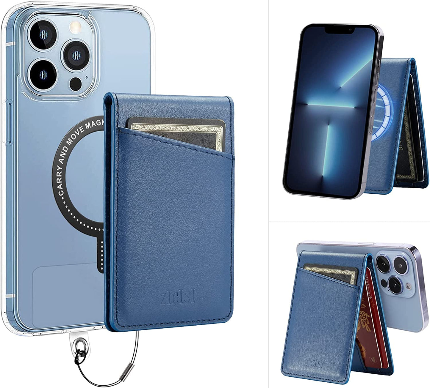 ZICISI Genuine Leather Detachable Magnetic Wallet Compatible with Magsafe Wallets Stand with 5 Card Slots & RFID Blocking&Metal Ring,For Iphone 14/13/12 Pro Max,Samsung and Android Phone Case,Purple  ZICISI Blue  