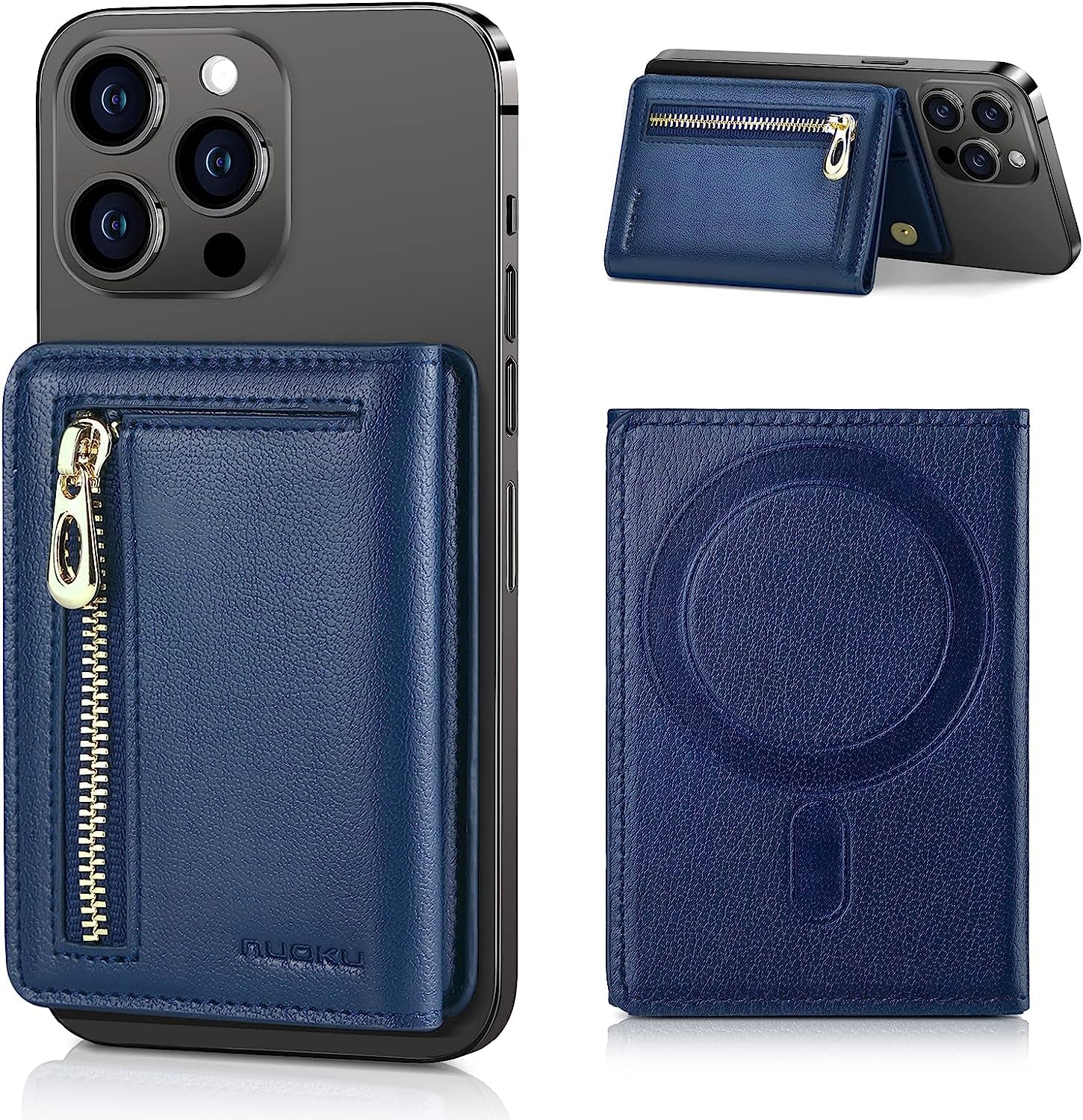 Nuoku Designed for Magsafe Wallet, Leather Magnetic Card Holder for Iphone 14 Pro Max/14 Pro/14 Plus/14 and 13/12 Series, NOT Compatible with 13/12 Mini  nuoku T-Blue  