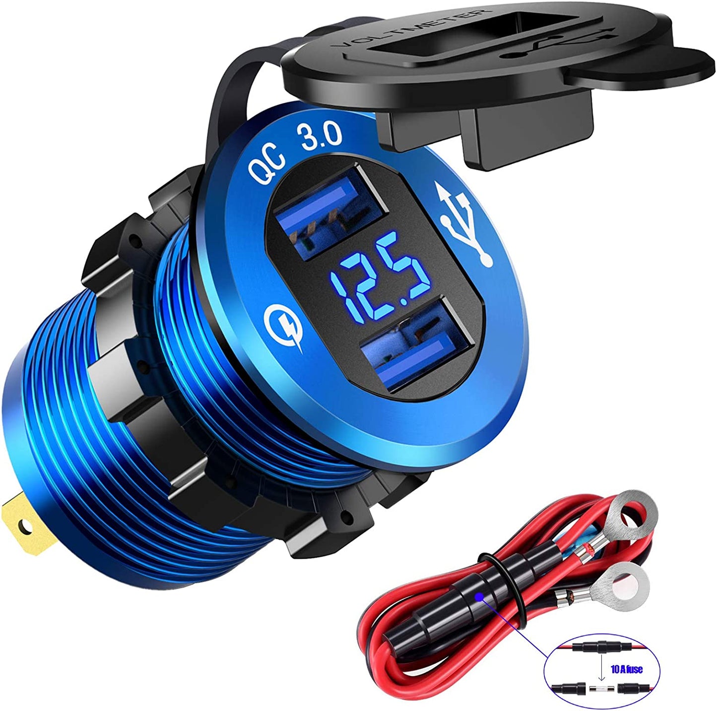 YONHAN 12V USB Outlet Quick Charge 3.0 Dual USB Charger Socket, USB Cigarette Lighter Socket with LED Voltmeter, Waterproof Aluminum Car Charger Adapter DIY Kit for Car Marine Truck Golf Cart RV, Etc.  YONHAN Deep Blue  