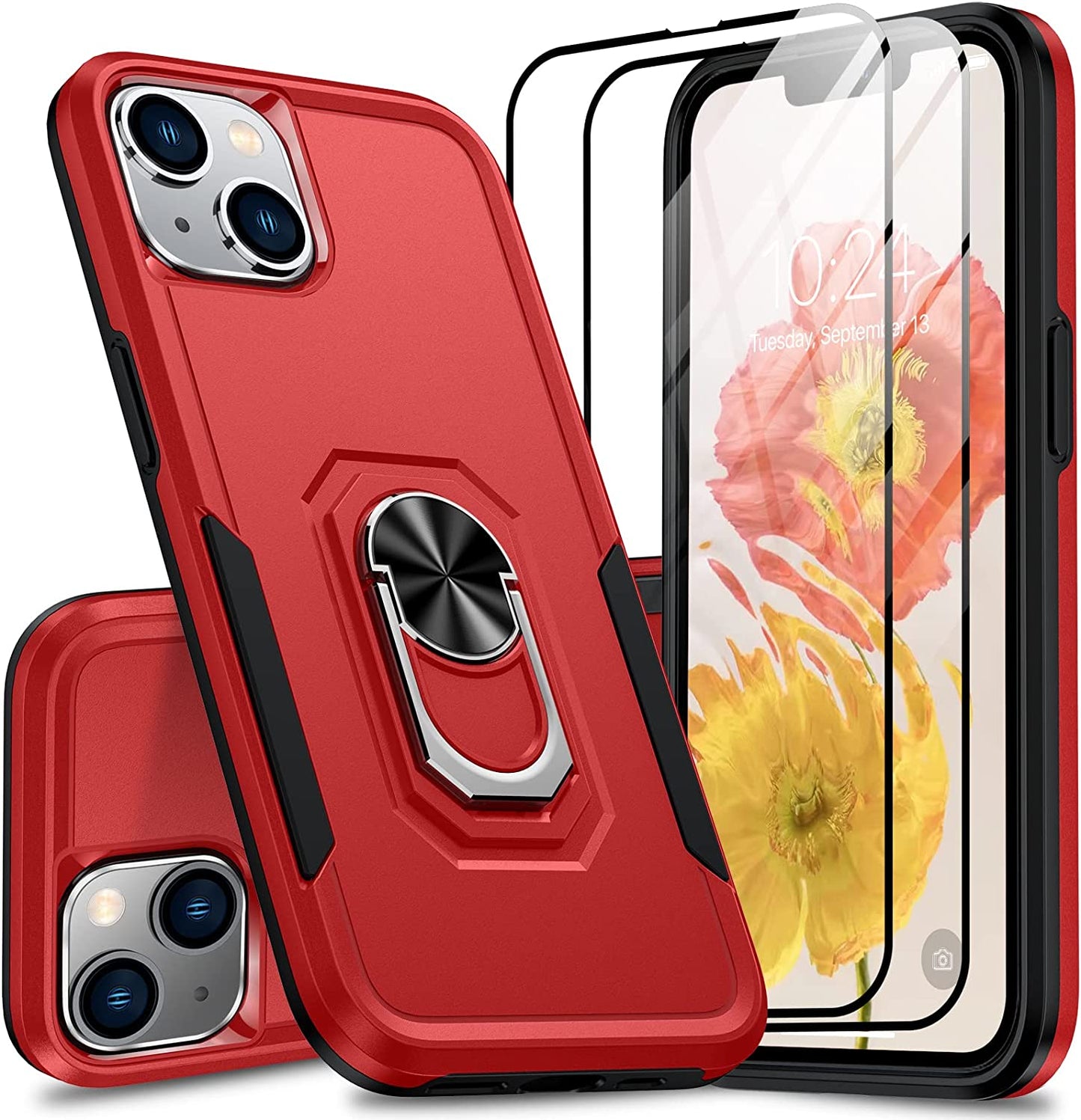 Oterkin for Iphone 14 Pro Case,Iphone 14 Pro Phone Case with [360°Rotatable Stand Ring][2Pcs 9H HD Tempered Glass Screen Protector][10Ft Military Grade Shockproof] Case for Iphone 14 Pro (Blue)  Oterkin Red Iphone 14 