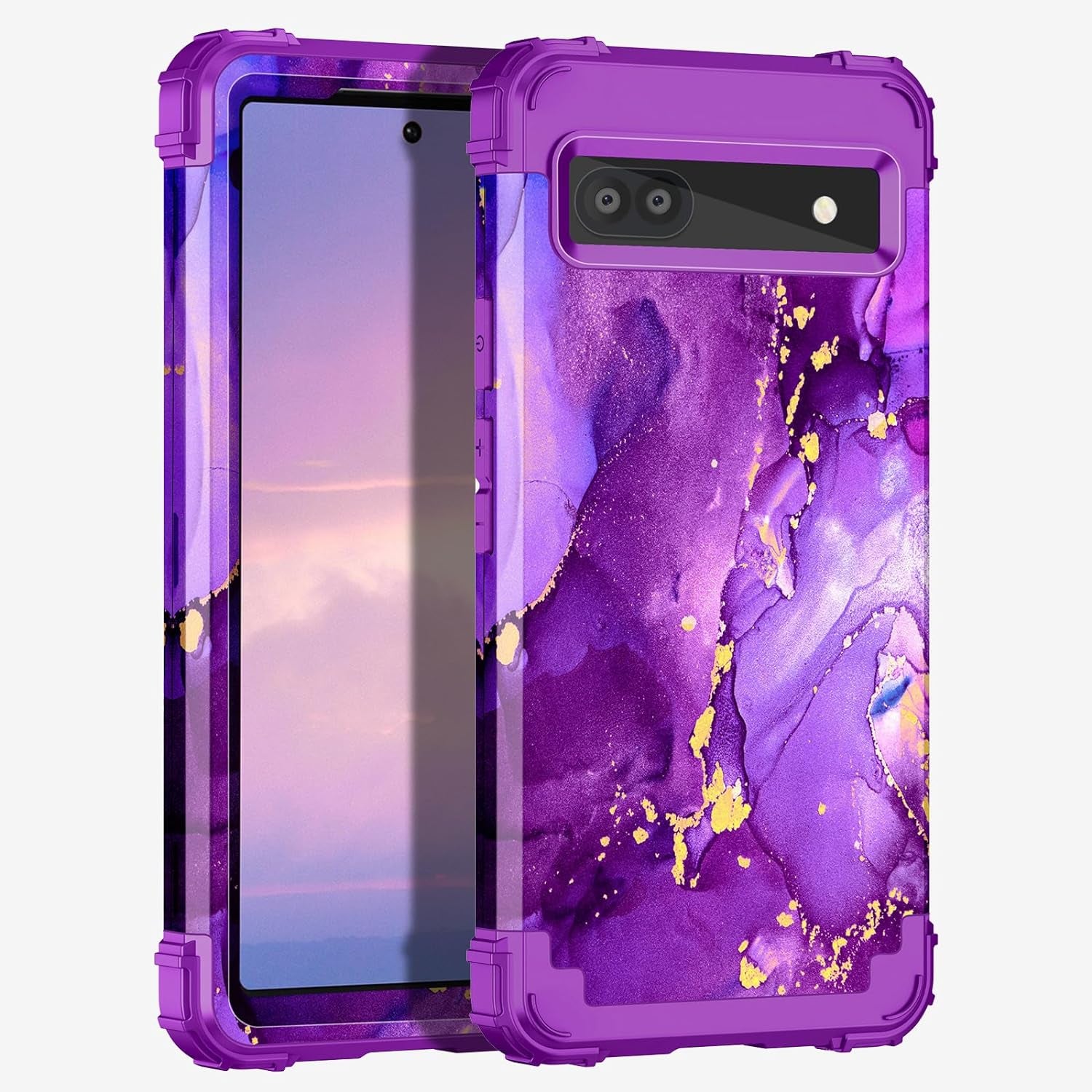 Hekodonk Google Pixel 6A Case (2022) - Heavy Duty Shockproof Hybrid Protection, Hard Plastic & Silicone Rubber, 3-In-1 Drop Protective - Blue Golden  Hekodonk Red Purple Mable  