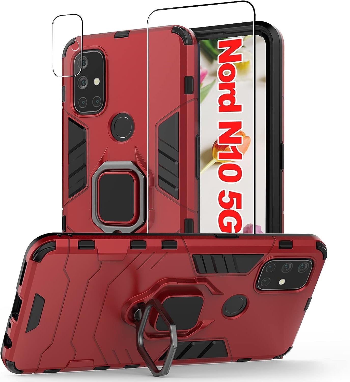 Jusy Oneplus Nord N30 5G Case with 2 Screen Protector, Protective Phone Cover with Kickstand, Ring and Magnetic Plate, Tempered Glass Protectors for 1+ Nord N30 5G(Black)  Jusy Red-N10  