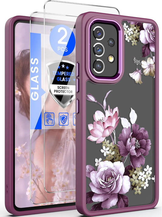 Dretal for Samsung A53 5G Case, Galaxy A53 5G Case + Tempered Glass Screen Protector,Military Grade Drop Tested Hard Back & Soft Edge Slim Flower Women Girls Protective Cover for A53 5G (Purple)  Dretal   