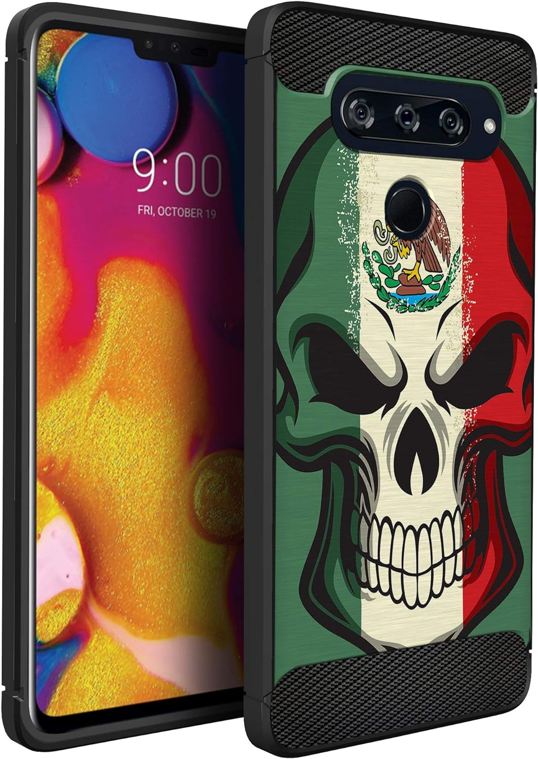 Casesondeck Slim Case Compatible with [LG V40 Thinq] Thin Scratch Preventing TPU, Matte Finish Carbon Fiber Texture Edges (Flower Skull)  CasesonDeck Mexican Skull  