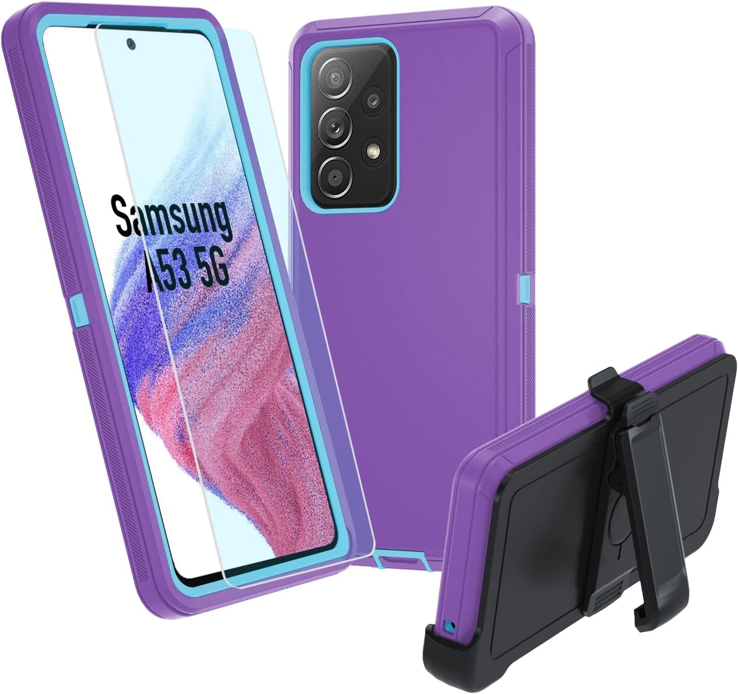 Case for Galaxy A53 5G,Samsung A53 Heavy Duty Case[ with Clip][Shockproof] [Dropproof] [Dust-Proof], Case for Samsung Galaxy A53(Gray/Skyblue)  muitq Purplesky Blue  