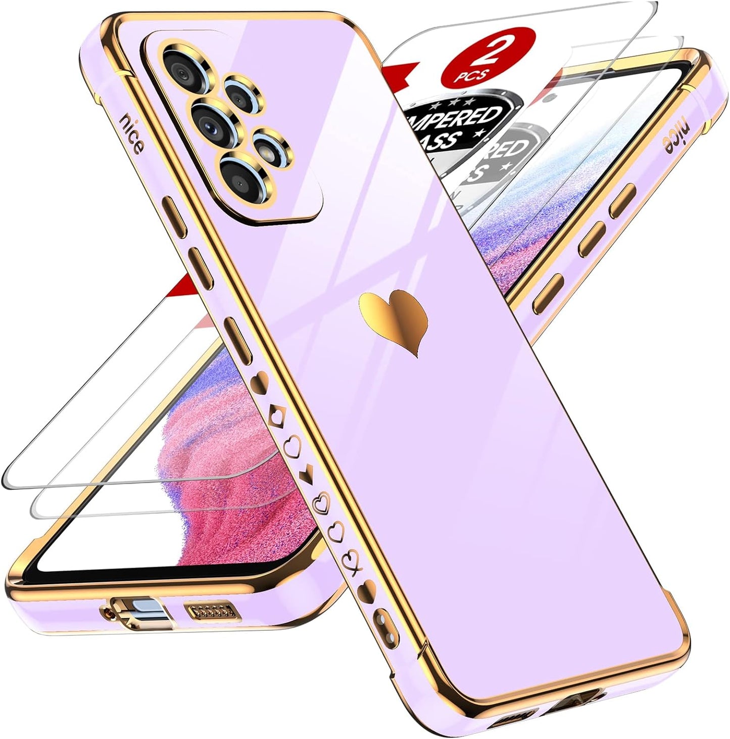 Leyi for Samsung A53 5G Case Galaxy A53 5G Case with Screen Protector [2 Pcs]+ Full Camera Protection, Love Heart Plating Girly Women Cute Luxury Soft TPU Case for Samsung A53 5G, Black  LeYi Purple  