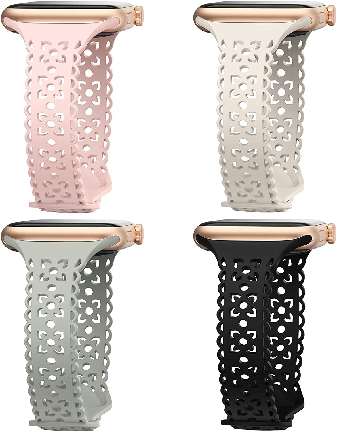 4 Pack Lace Silicone Band Compatible with Apple Watch Bands 40Mm 44Mm 41Mm 45Mm 38Mm 42Mm Women,Thin Slim Hollow-Out Sport Strap Replacement Wristbands for Iwatch Series Ultra 8 7 6 5 4 3 2 1 SE  HEARTBOOM Black/Starlight/Gray/Dark Pink 42mm/44mm/45mm/49mm 
