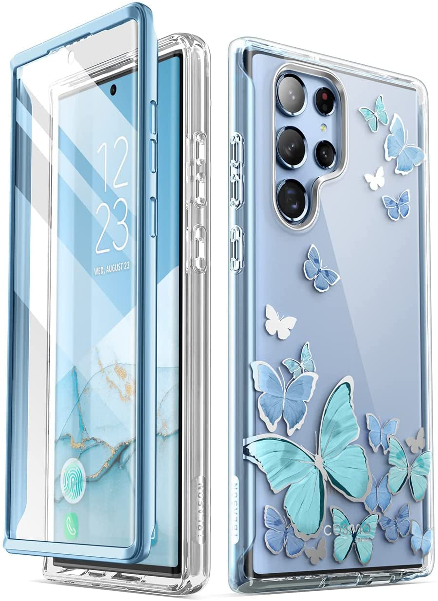 I-Blason Cosmo Series for Samsung Galaxy S22 Ultra 5G (2022 Release), Slim Stylish Protective Case with Built-In Screen Protector (Ocean)  i-Blason Blue Butterfly  