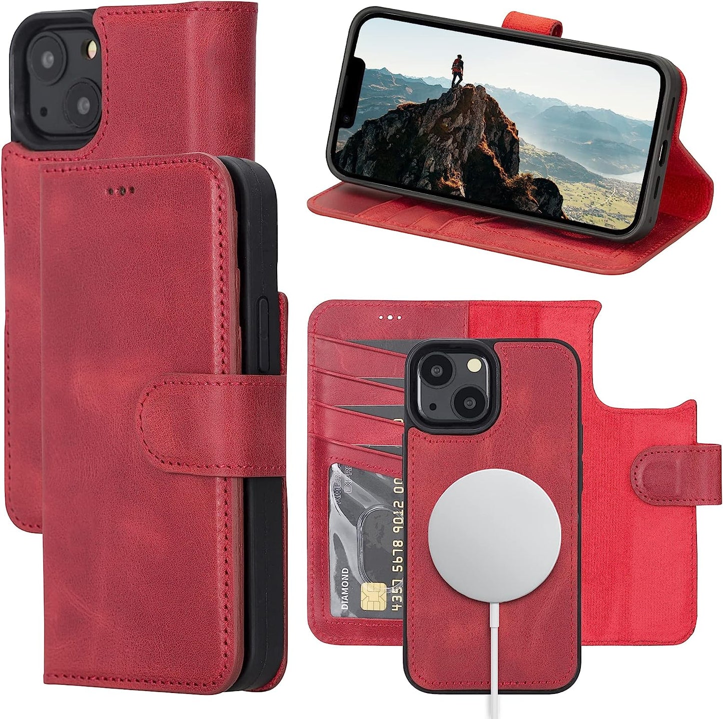 OXA Leather 2-In-1 Wallet Case Compatible with Iphone 14 Pro Max | Magnetic Detachable | Shockproof | RFID Blocking | Flip Case with Kickstand | Compatible with Magsafe | - Purple  OXA Red iPhone 14 