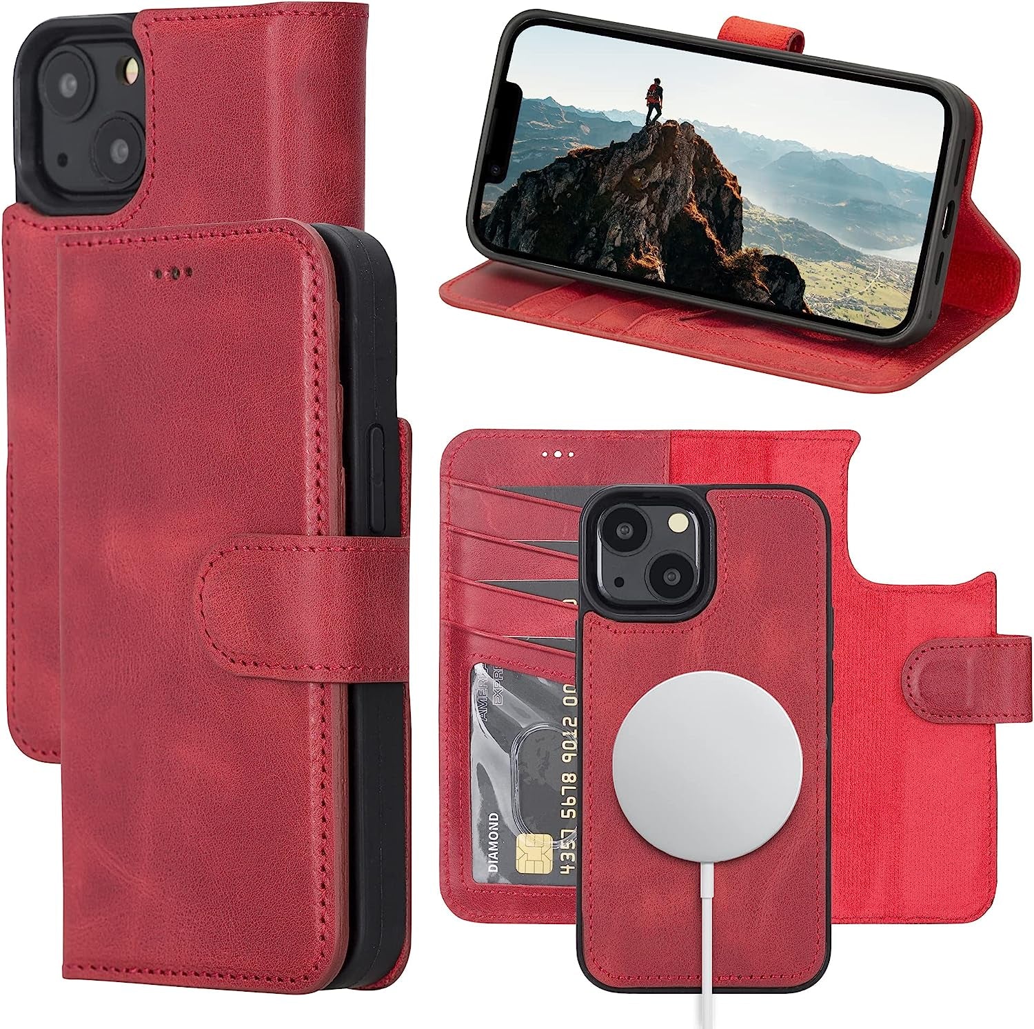 OXA Leather 2-In-1 Wallet Case Compatible with Iphone 14 Pro Max | Magnetic Detachable | Shockproof | RFID Blocking | Flip Case with Kickstand | Compatible with Magsafe | - Purple  OXA Red iPhone 14 
