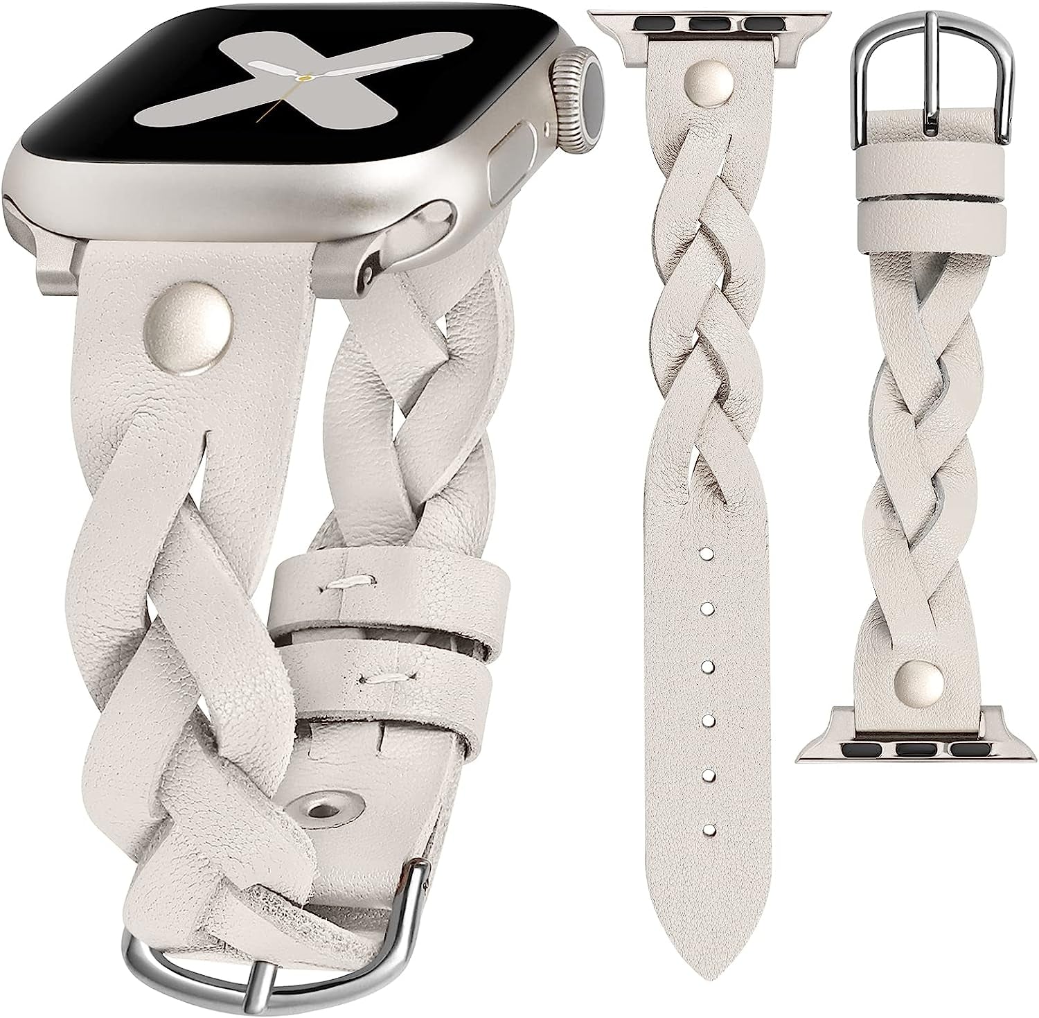 Moolia Braided Leather Strap Compatible with Apple Watch Band 38Mm 40Mm 41Mm 42Mm 44Mm 45Mm 49Mm Women Vintage Thin Replacement Strap Bracelet for Iwatch Series 8/7/6/5/4/3/2/1/SE  Moolia Starlight/Starlight 38/40/41 mm 