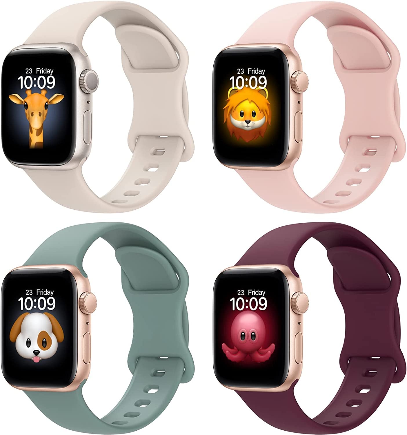 BRG 4 Pack Bands for Apple Watch Band Series Ultra SE 8 7 6 5 4 3 2 1 40Mm 38Mm 44Mm 42Mm 45Mm 41Mm 49Mm, Women and Men Sport Apple Watch Bands, Soft Silicone Strap Replacement for Iwatch Bands  BRG Wine Red/Pink Sand/Olive Green/Starlight 45mm/44mm/42mm/49mm 