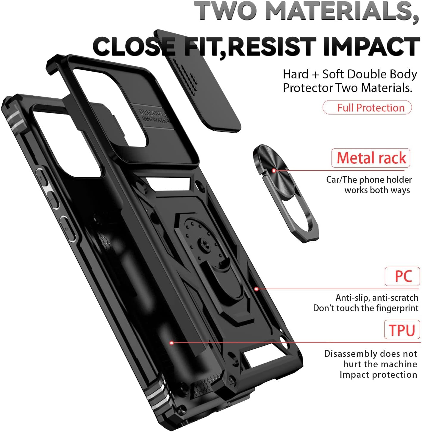 For Motorola Edge plus 2023 Case W/ Slide Camera Cover HD Screen Protector [Military Grade 16Ft. Drop Tested] Magnetic Ring Holder Kickstand Protective Phone Case for Motorola Edge+ plus 2023, Black  PUSHIMEI Co., Ltd.   