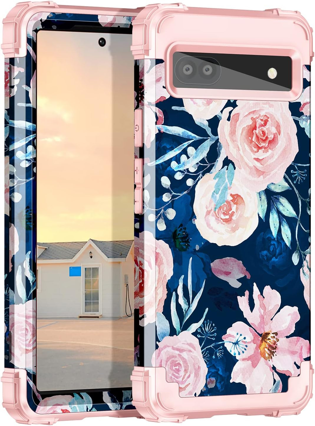 Hekodonk Google Pixel 6A Case (2022) - Heavy Duty Shockproof Hybrid Protection, Hard Plastic & Silicone Rubber, 3-In-1 Drop Protective - Blue Golden  Hekodonk Navy Blue  