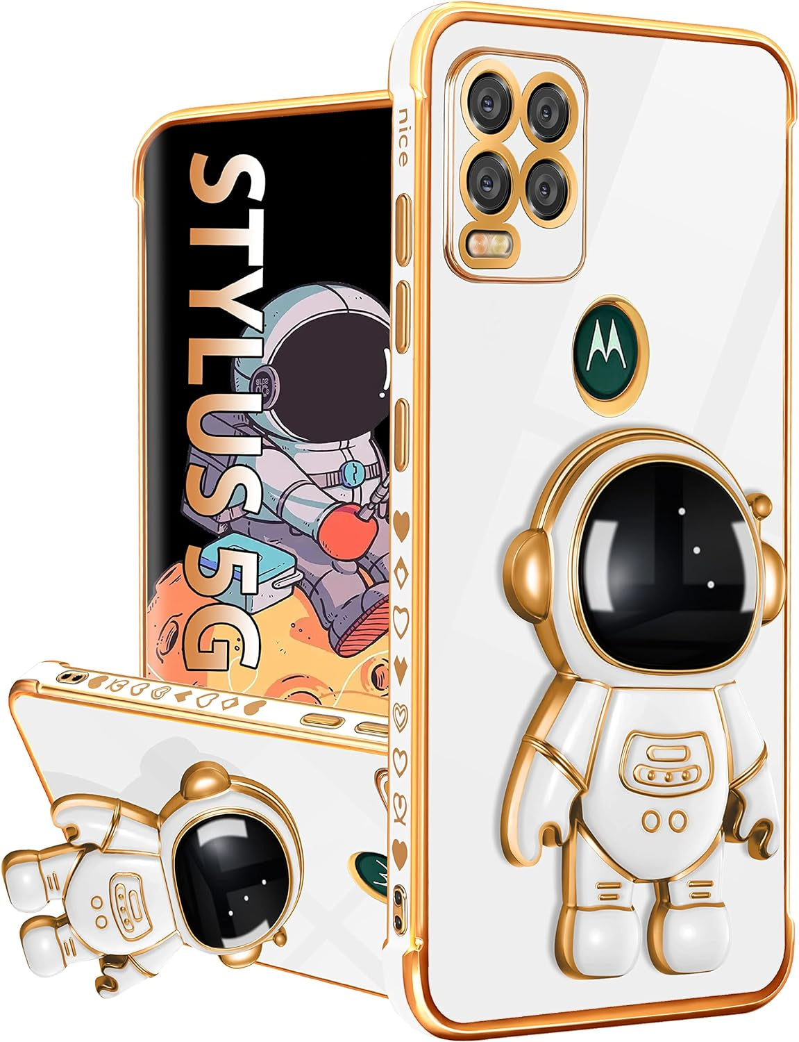 Buleens for Motorola Moto G Stylus 5G Case, Cute Heart Pattern 6D Gold Plating Astronaut Hidden Stand Phone Cases for Moto G Stylus 5G 2021 6.8 Inch-Black  Buleens Only For Moto G Stylus 5G 2021-White  