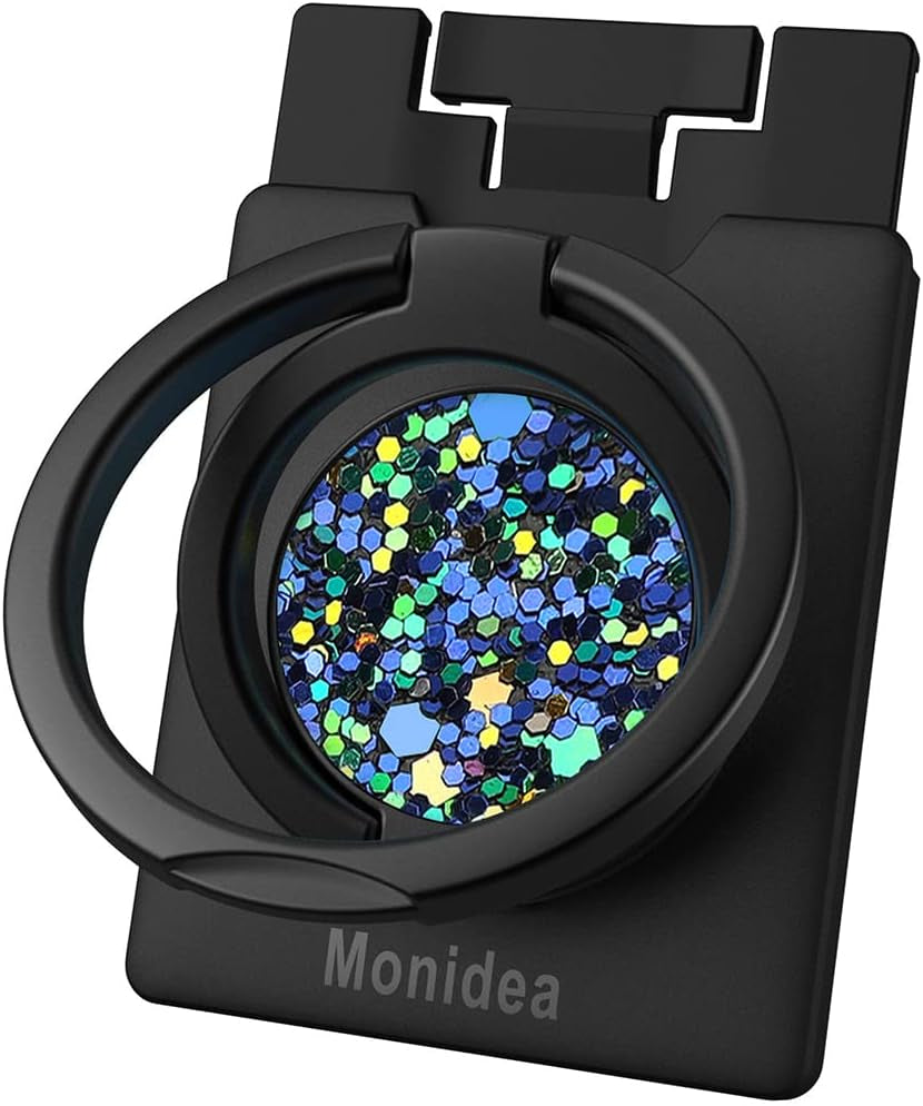 Monidea Phone Ring Holder, Phone Grip Finger Kickstand Wireless Charging Friendly, 360°Rotation Metal Phone Ring Grip Stand Work with Magnetic Car Mount for Iphone Samsung Ipad Tablets & More - Black  MonIdea Sparkle - Blue  