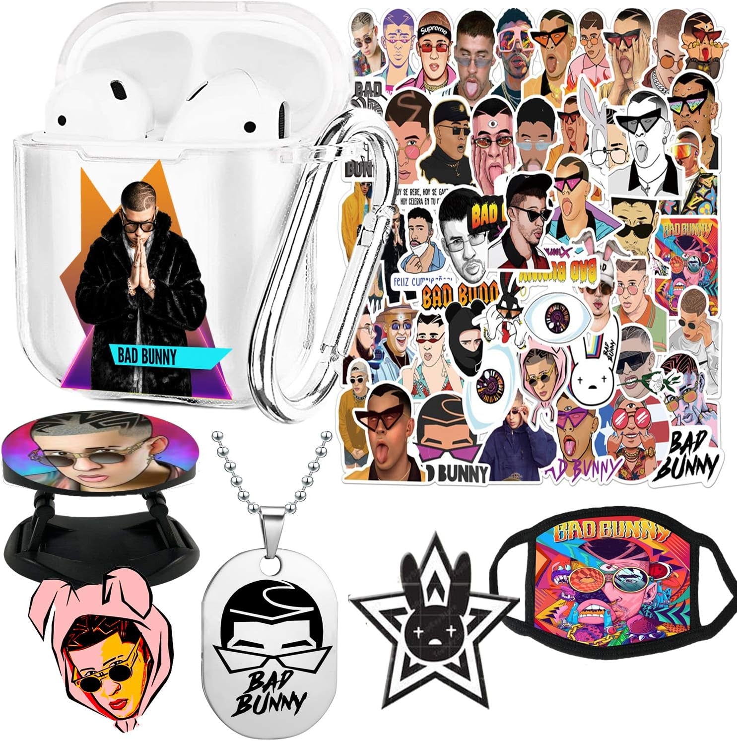 ADFER Bad Bunny 50 Pcs Stickers Bracelet Poster Phone Holder Lomo Cards Button Face Mouth Covers Necklace Compatible with Airpods 1&2/Airpods Pro/3 (1&2, Yellow)  ADFER CLEAR 1&2 