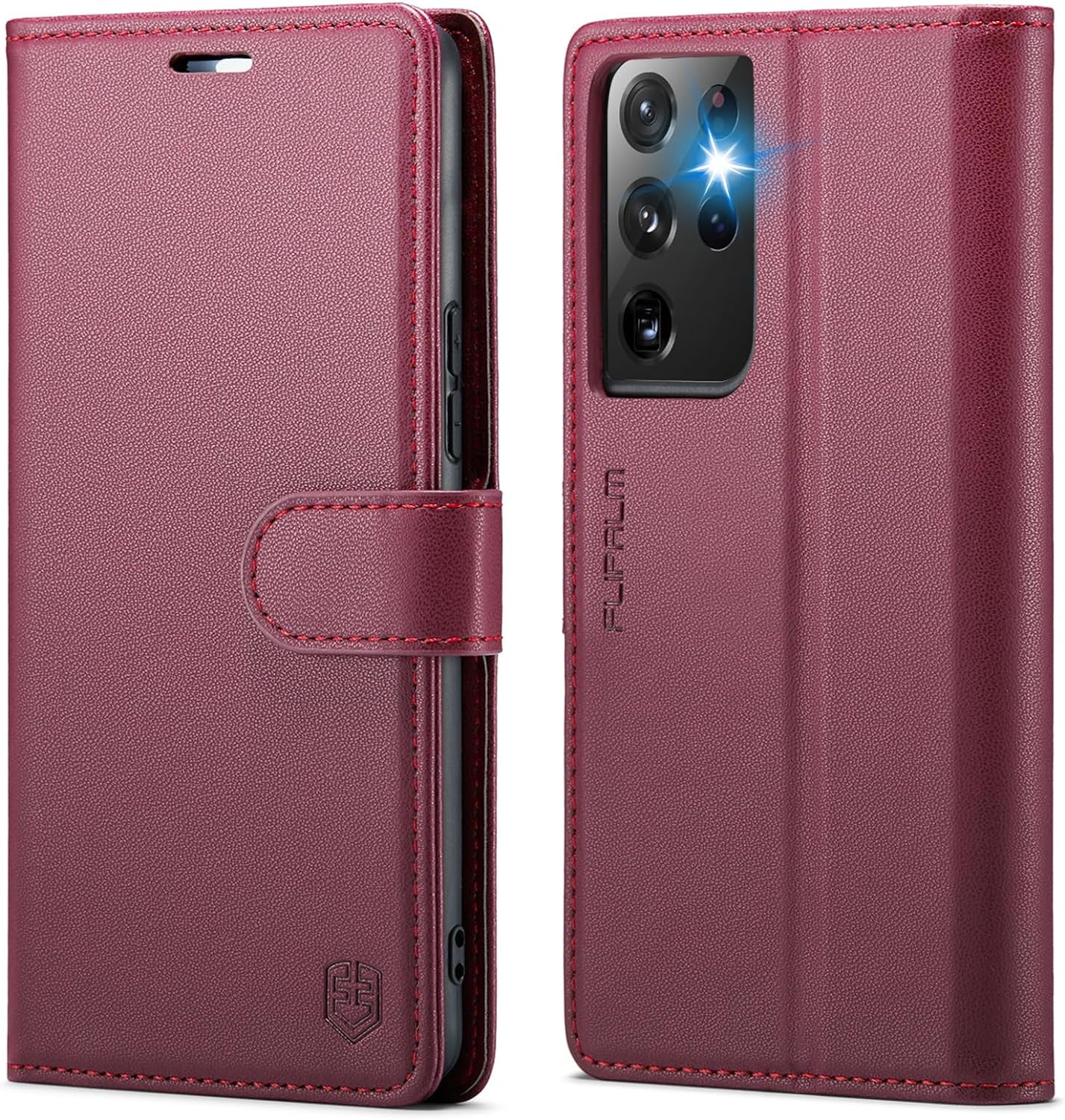 FLIPALM for Samsung Galaxy S21 Ultra Wallet Case with RFID Blocking Credit Card Holder, PU Leather Folio Flip Kickstand Protective Shockproof Cover Women Men for Samsung S21 Ultra Phone Case(Black)  FLIPALM Red  