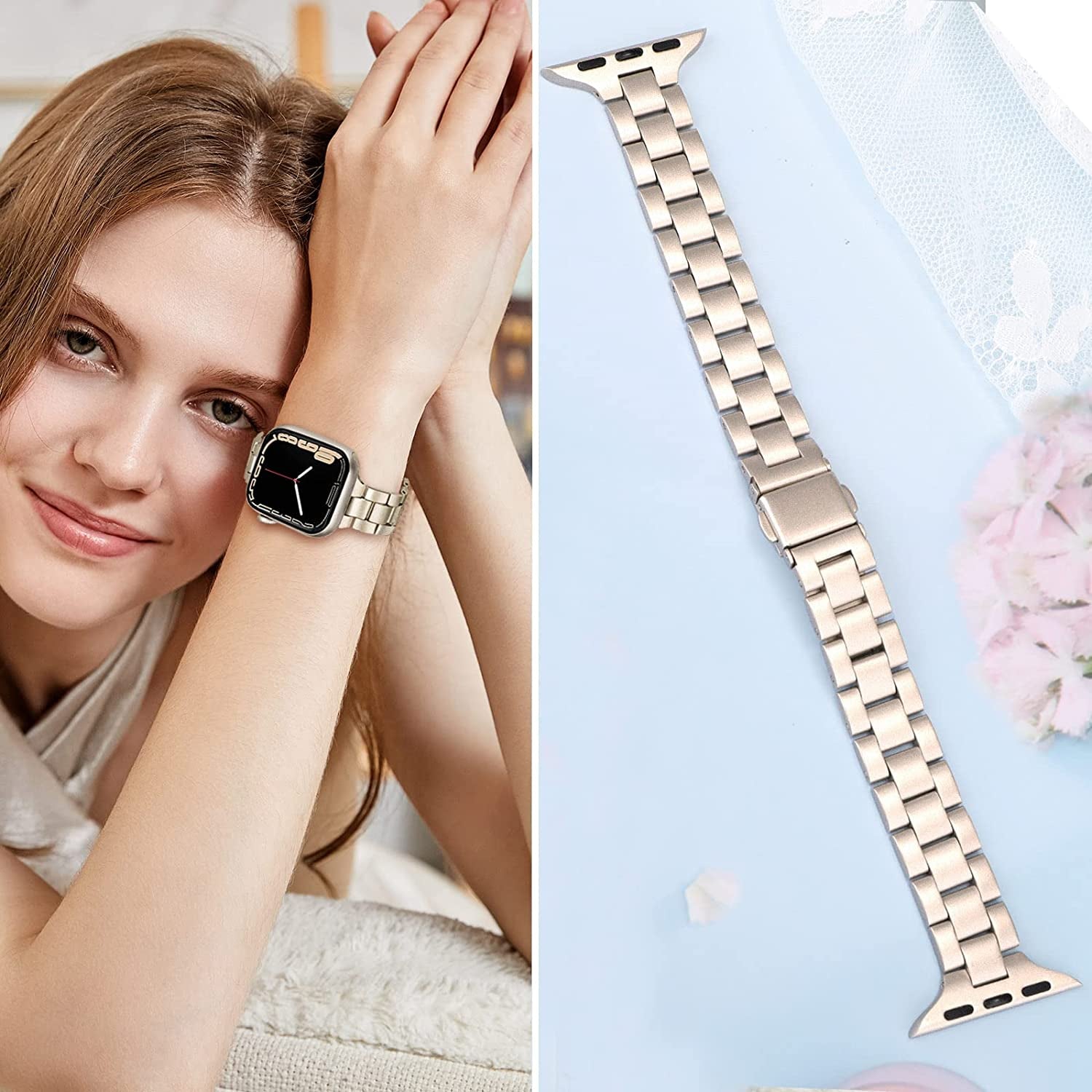 Trumirr Band for Apple Watch Series 8 7 41Mm Starlight Women, Slim Stainless Steel Watchband Feminine Strap Replacement for Iwatch SE Series 8 7 6 5 4 3 2 1 41Mm 40Mm 38Mm  TRUMiRR   