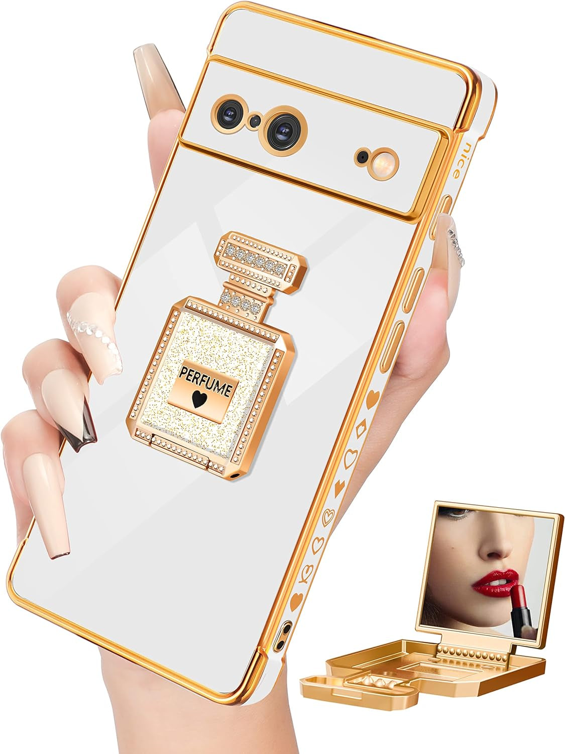 Buleens for Pixel 6 Pro Case with Metal Perfume Bottle Mirror Stand,Cute Women Girly Heart Cases for Google Pixel 6 Pro Case, Elegant Luxury Phone Cover for Pixel 6 Pro Phone Case 6.7''Sierra Blue  Buleens White For Google Pixel 7 