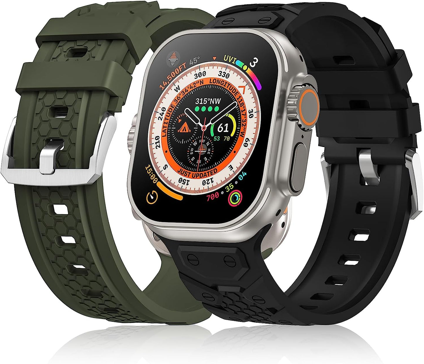 YAXIN 2 Pack Sport Band Compatible for Apple Watch Ultra Band 49Mm 45Mm 44Mm 42Mm Men, Soft Silicone Wristband Replacement Strap for Apple Watch Band Ultra Iwatch Series 8/7/SE/6/5/4/3  YAXIN Black/Green  