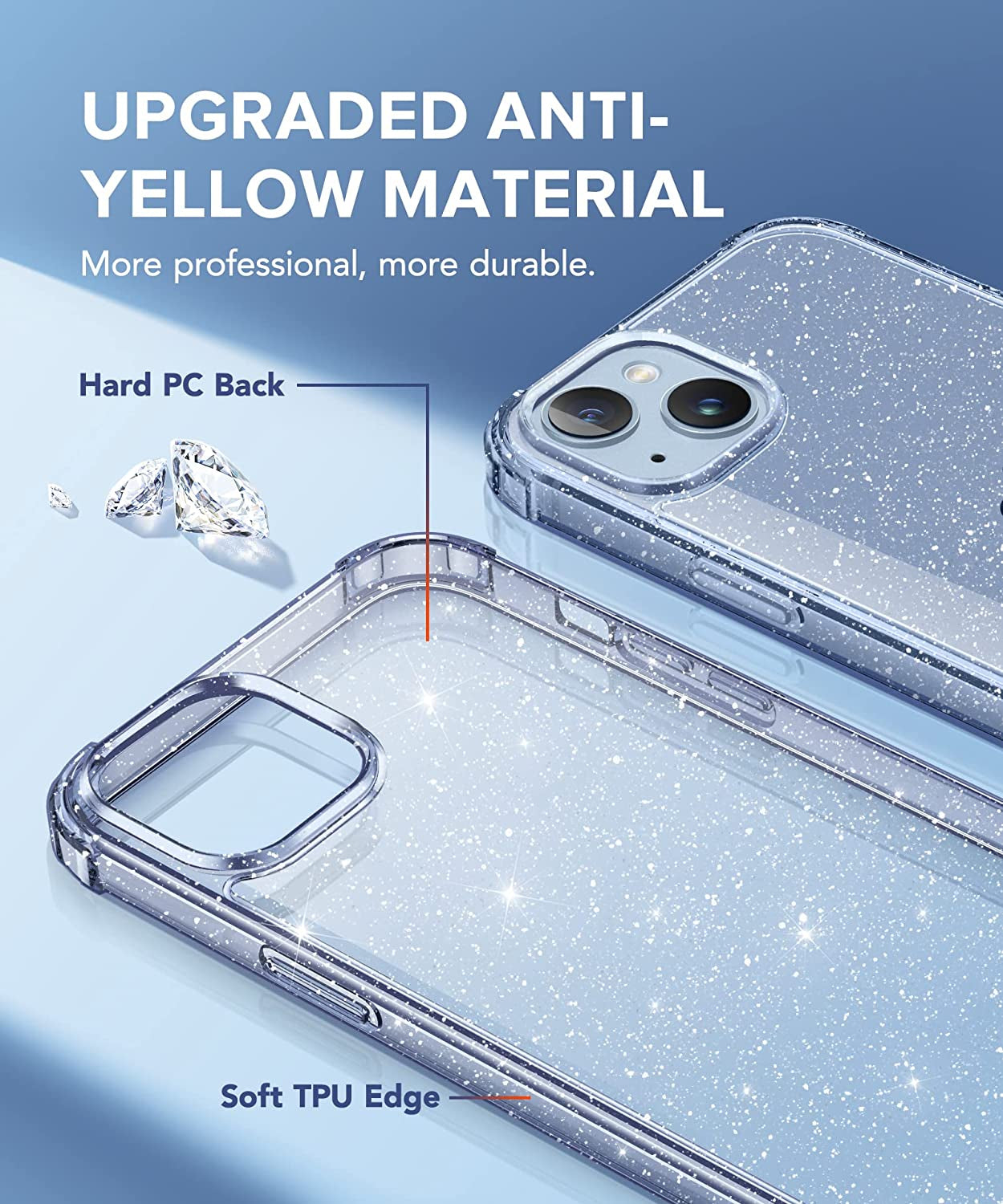 BERFY 5 in 1 for Iphone 14 plus Case Clear Glitter, with 2X Screen Protector + 2X Camera Lens Protector [Non-Yellowing] Cute Sparkle Bling Hard Shockproof Phone Case for Women Girls 6.7", Clear Blue  BERFY   