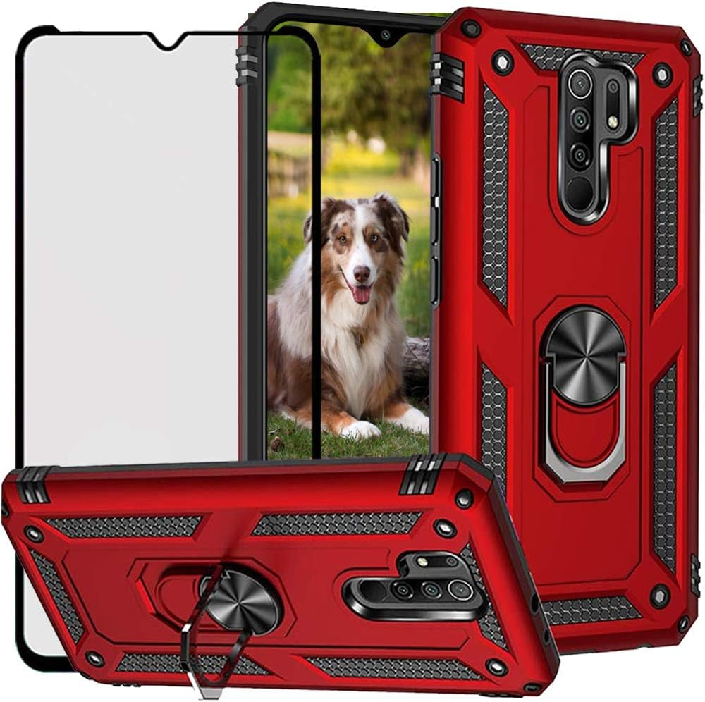 Duolide for Xiaomi Redmi 9 6.53" Case with Tempered Glass Screen Protector,Hybrid Heavy Duty Dual Layer Anti-Scratch Shockproof Defender Kickstand Case Cover, Red  DuoLide   