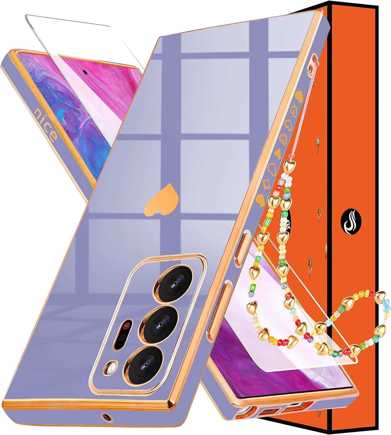 Shorogyt (3In1 Heart Case for Samsung Galaxy Note 20 Ultra 5G/4G 6.9 Inch Women Cute Aesthetic Love Hearts Pattern Girls Dark Blue Gold Luxury Girly Design Cases Cover+Screen+Chain for Note20 Ultra  qunxiner   