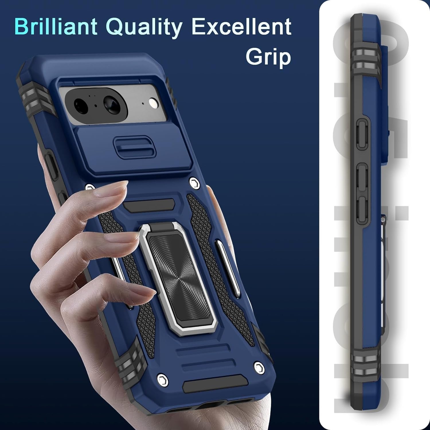 DEERLAMN for Google Pixel 8 Case with Slide Camera Cover+Screen Protector (1 Pack), Rotated Ring Kickstand Military Grade Shockproof Heavy Duty Protective Cover -Navy Blue  DEERLAMN   