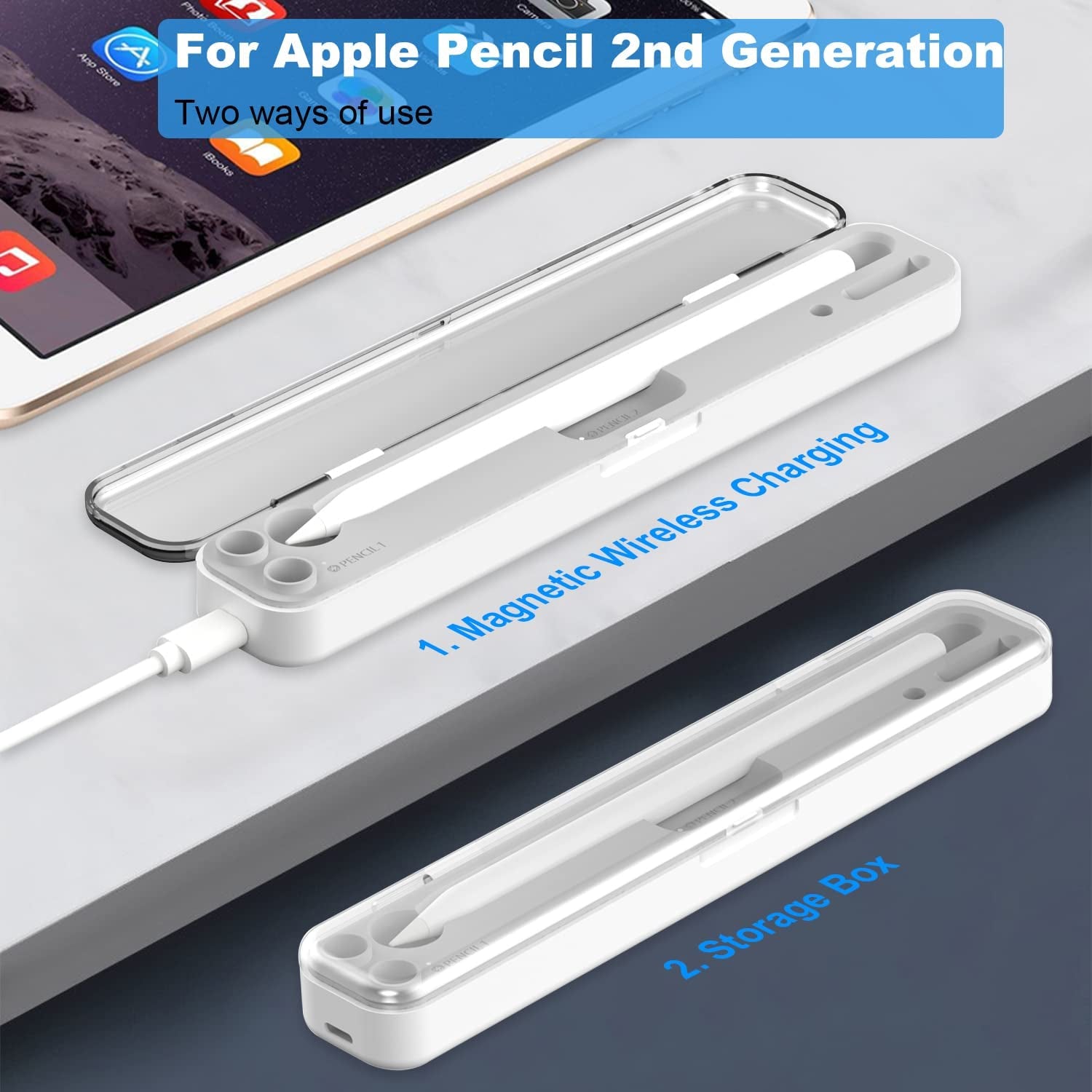 Areme 2 in 1 Charging Case Compatible with Apple Pencil 2Nd and 1St Generation, Magnetic Wireless Charger Dock for Pencil 2Nd Gen, Portable Travel Case Storage Box for Ipad Pencil  AreMe   