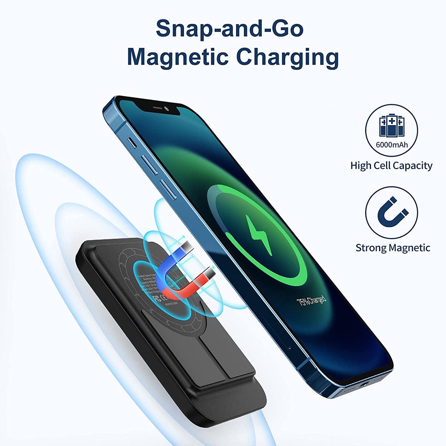 Iwalk Magnetic Wireless Power Bank, 6000Mah Portable Charger with Finger Holder, Stronger Magnet Stick for Phone with Unique Mag-Suction Tech, Only Compatible with Iphone 14/13/12 Pro Max  iWALK   