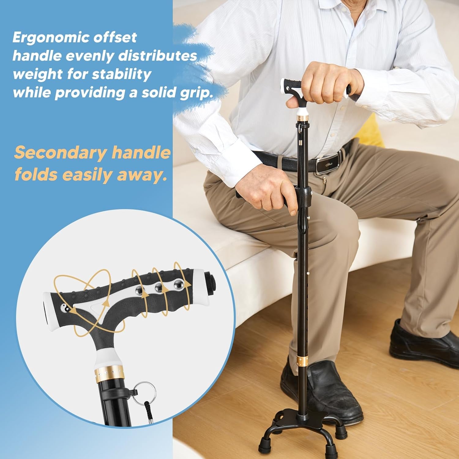 Doctor.Roo Quad Cane with LED Light, Adjustable Walking Cane with Stand Assist Handle and 4-Pronged Base, Sturdy Mobility Aid for Seniors  Doctor.Roo   